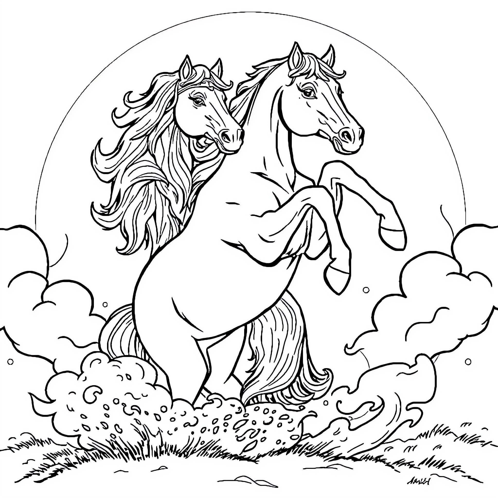 Horse pair galloping through the clouds Coloring Page (free black-and-white line drawing printable PDF for all, from beginners to advanced learners, including children, teens, adults, and seniors)