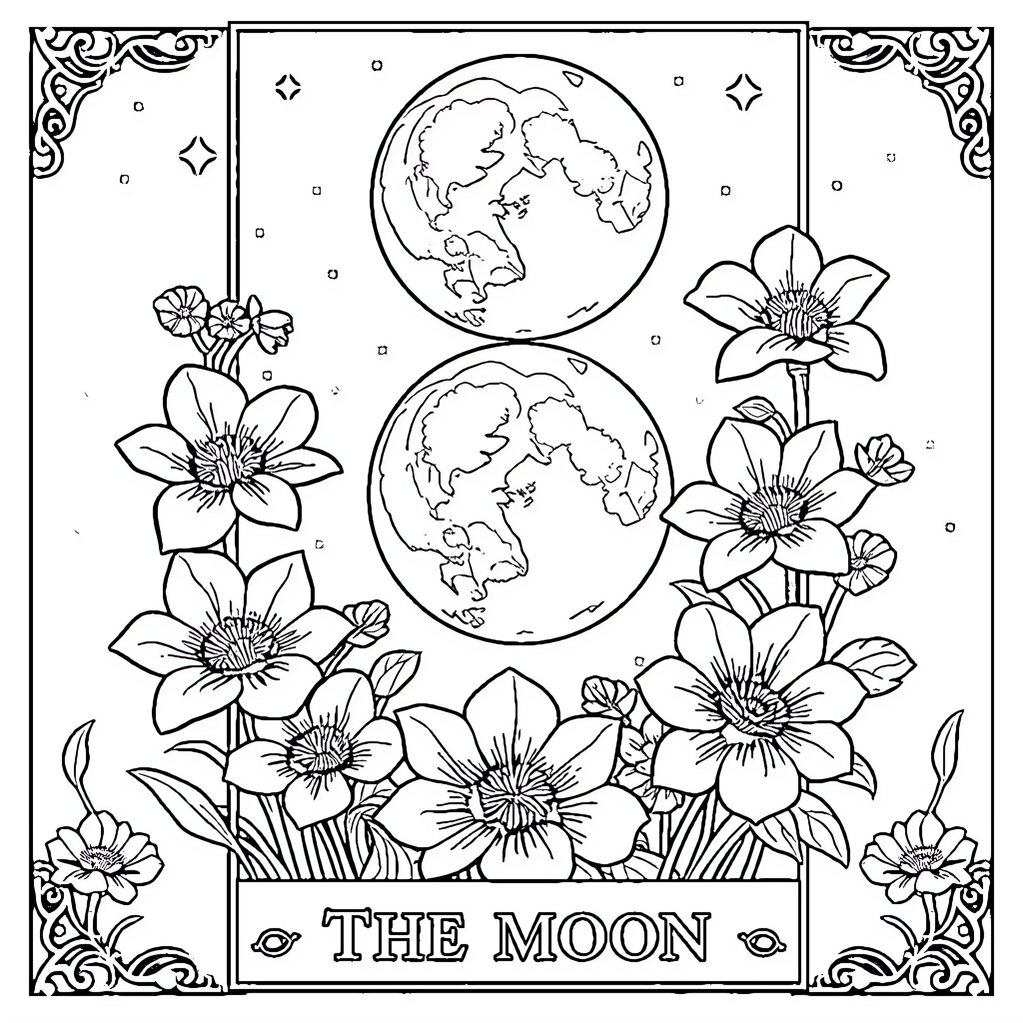 Moon with flowers and stars in the night sky Coloring Page (free black-and-white line drawing printable PDF for all, from beginners to advanced learners, including children, teens, adults, and seniors)