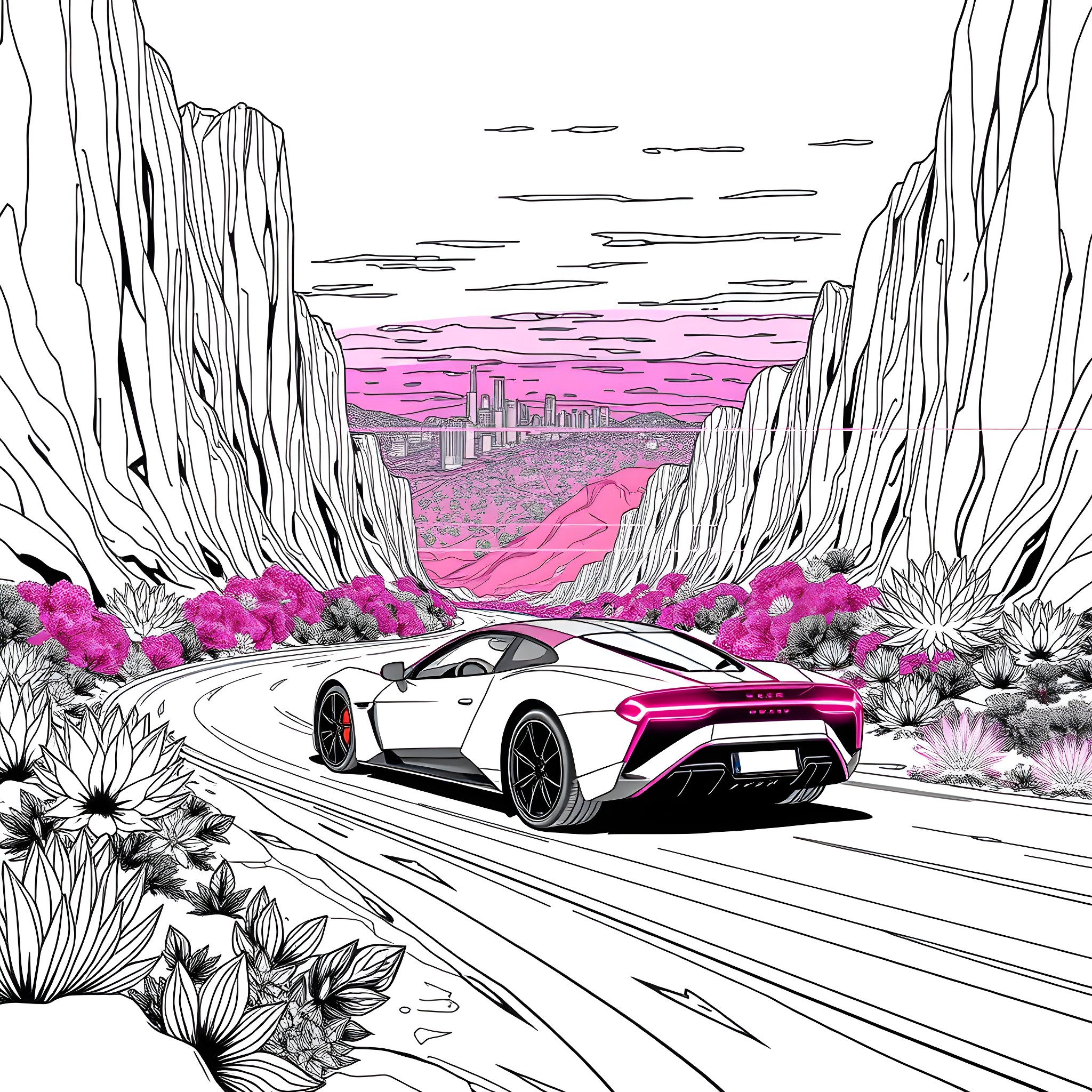 Car speeding through futuristic landscape with flora Coloring Page (free black-and-white line drawing printable PDF for all, from beginners to advanced learners, including children, teens, adults, and seniors)