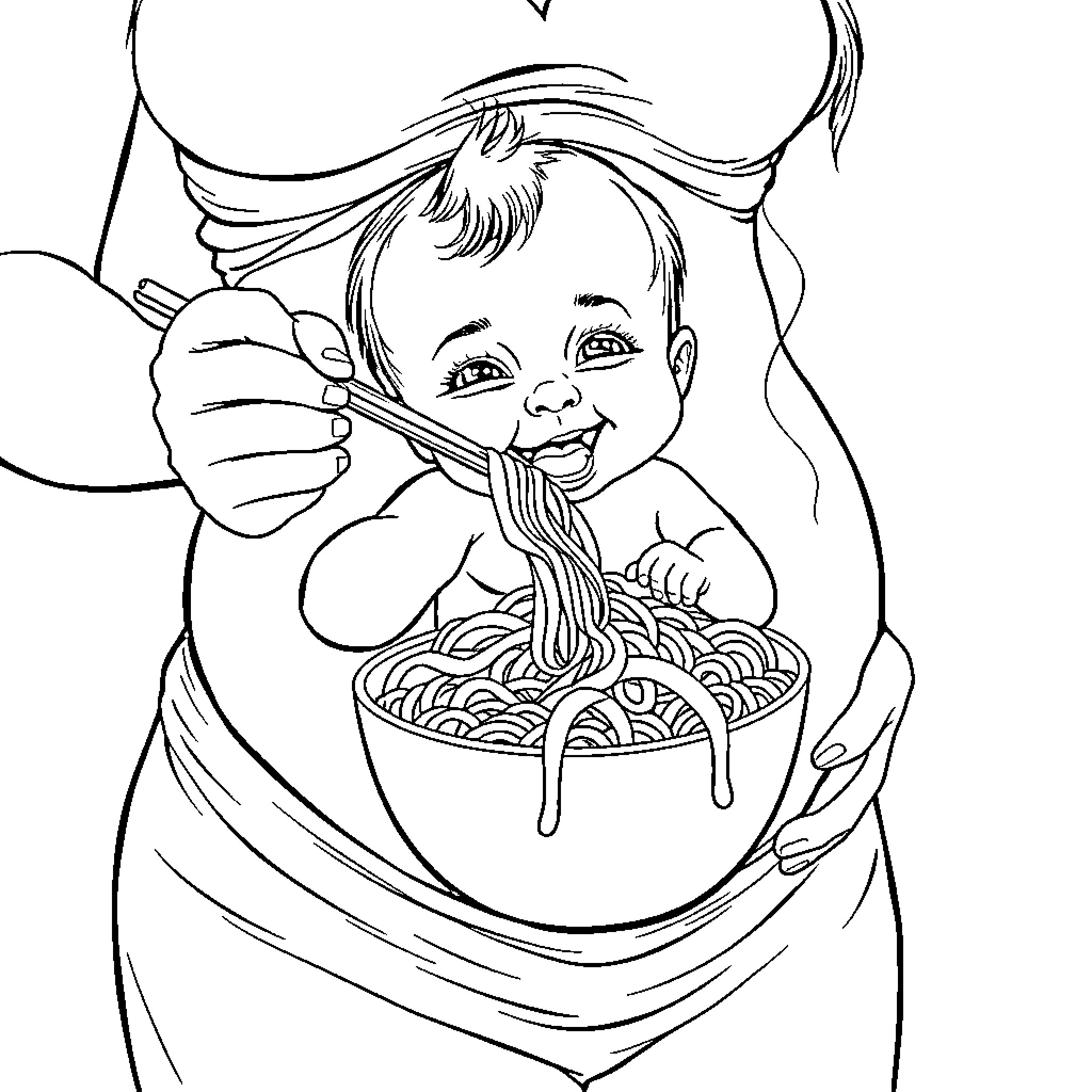 Baby enjoying a hearty meal Coloring Page (free black-and-white line drawing printable PDF for all, from beginners to advanced learners, including children, teens, adults, and seniors)