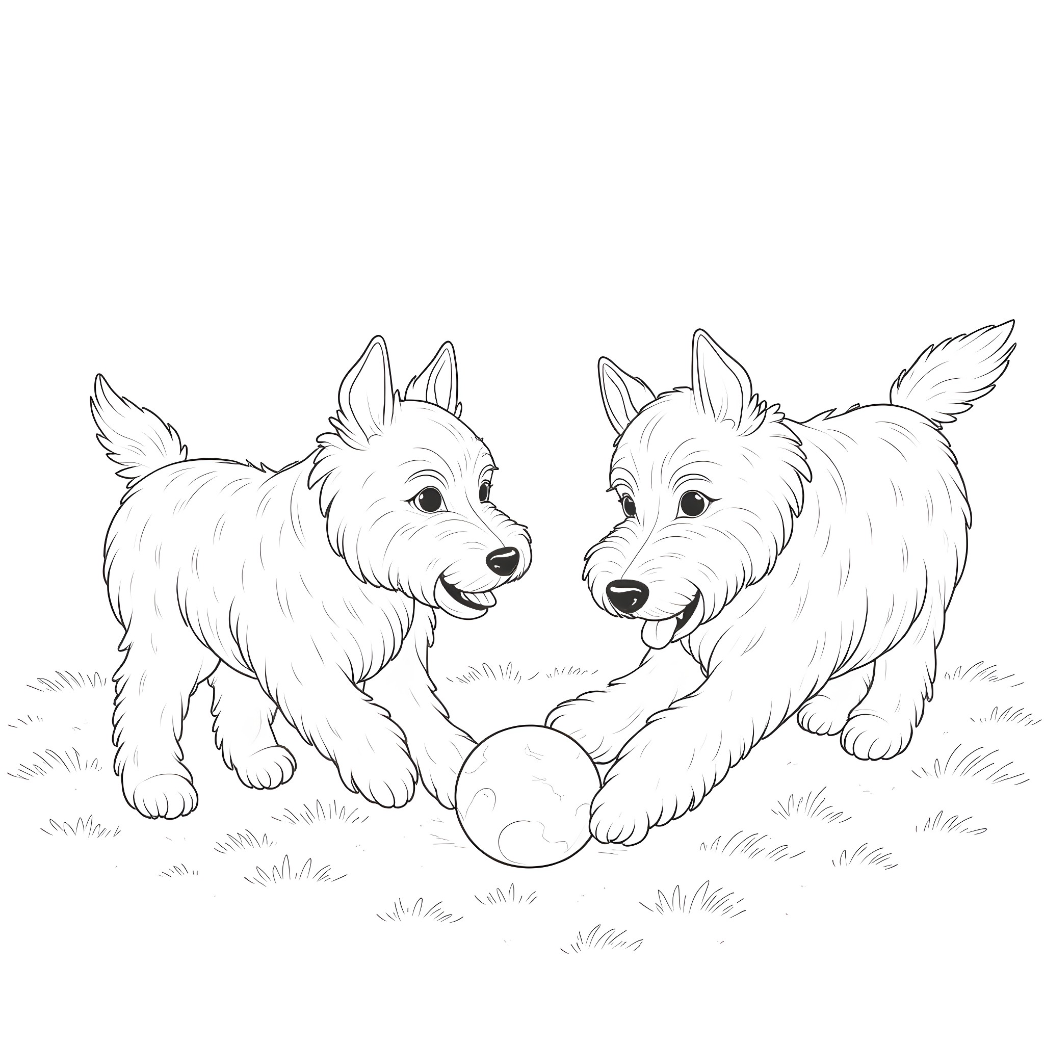 West Highland Terriers playing with a ball in the grass Coloring Page (free black-and-white line drawing printable PDF for all, from beginners to advanced learners, including children, teens, adults, and seniors)