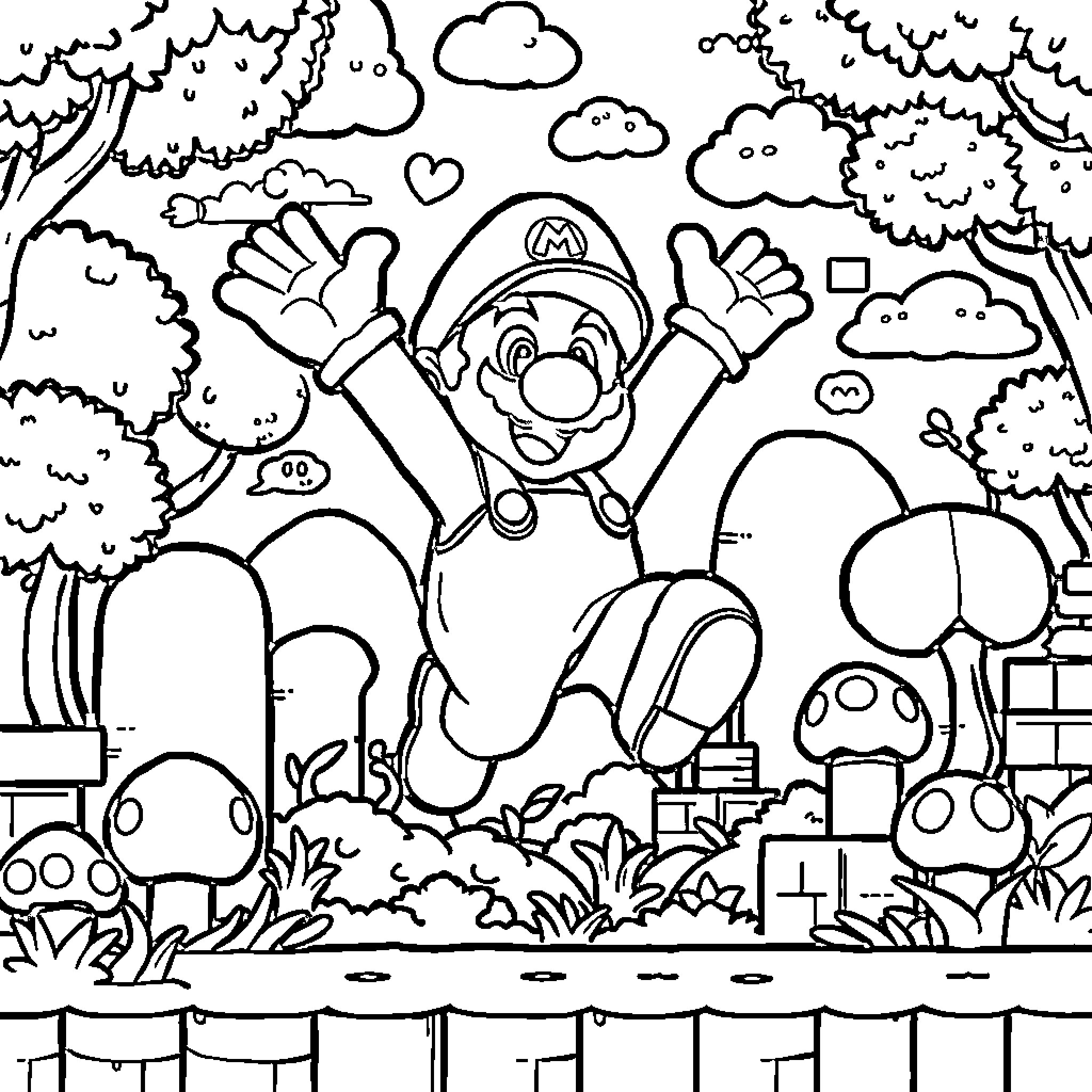 Super Mario's Adventurous Jump in the Mushroom Kingdom Coloring Page (free black-and-white line drawing printable PDF for all, from beginners to advanced learners, including children, teens, adults, and seniors)