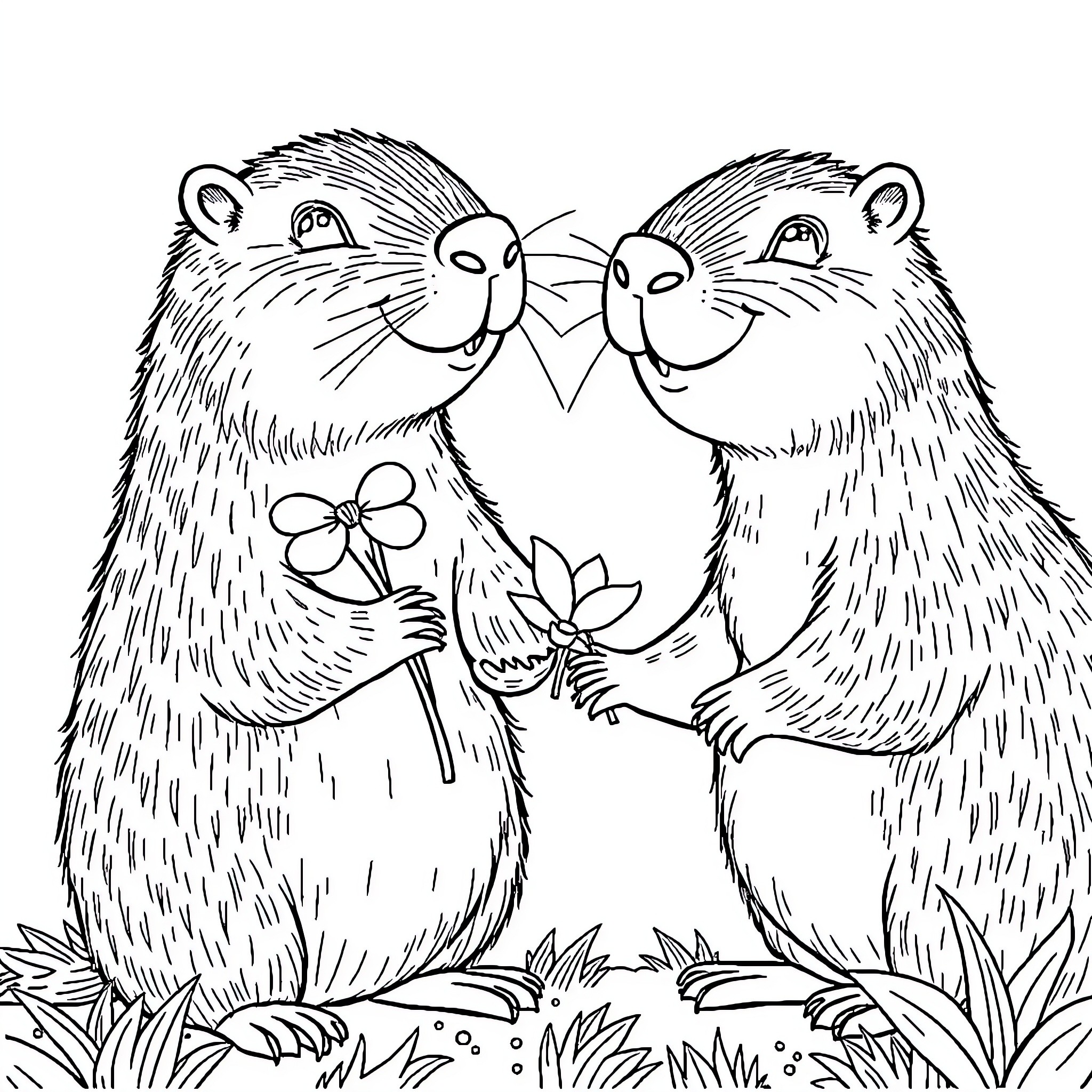 Capybara companions sharing flowers in nature Coloring Page (free black-and-white line drawing printable PDF for all, from beginners to advanced learners, including children, teens, adults, and seniors)