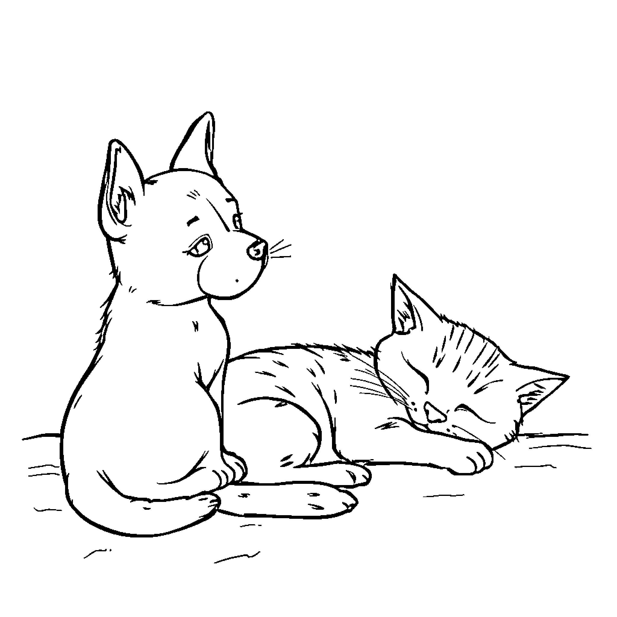 Perro and kitten resting together Coloring Page (free black-and-white line drawing printable PDF for all, from beginners to advanced learners, including children, teens, adults, and seniors)