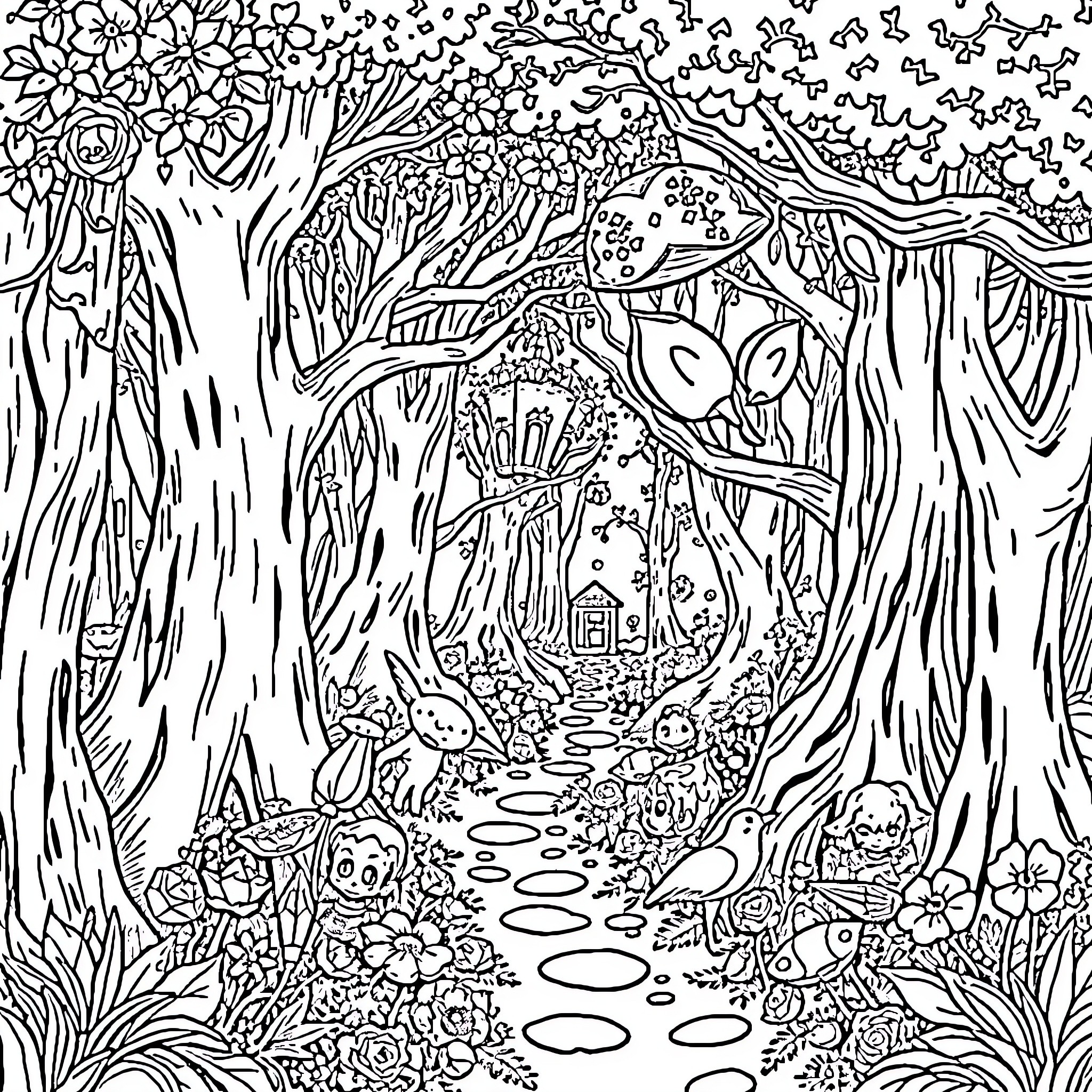 Fairy Forest with Whimsical Creatures and Details Coloring Page (free black-and-white line drawing printable PDF for all, from beginners to advanced learners, including children, teens, adults, and seniors)
