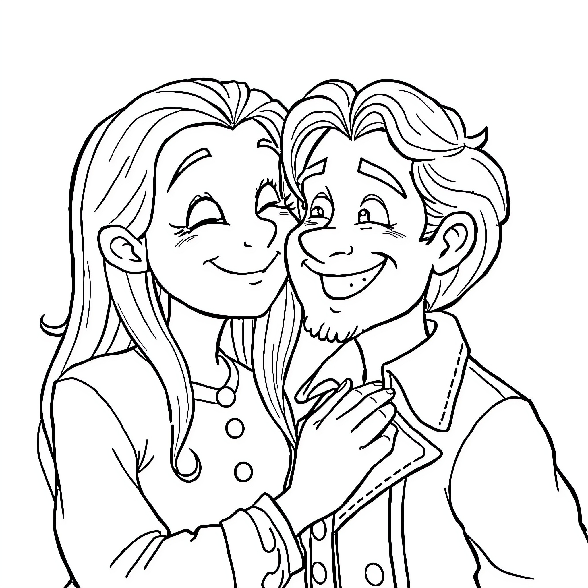 Rapunzel and her prince charming embrace happily Coloring Page (free black-and-white line drawing printable PDF for all, from beginners to advanced learners, including children, teens, adults, and seniors)
