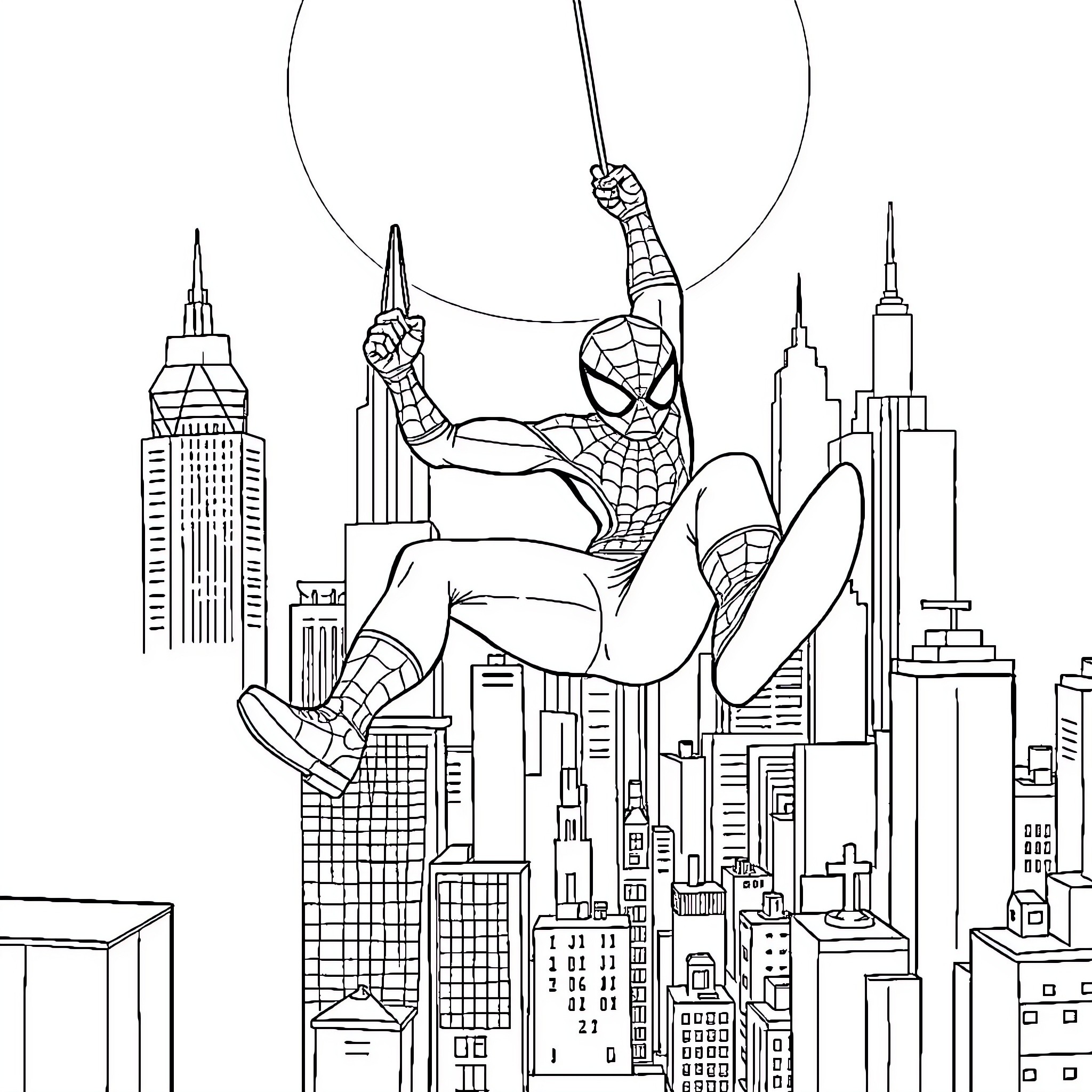 Spiderman swinging through the city skyline Coloring Page (free black-and-white line drawing printable PDF for all, from beginners to advanced learners, including children, teens, adults, and seniors)