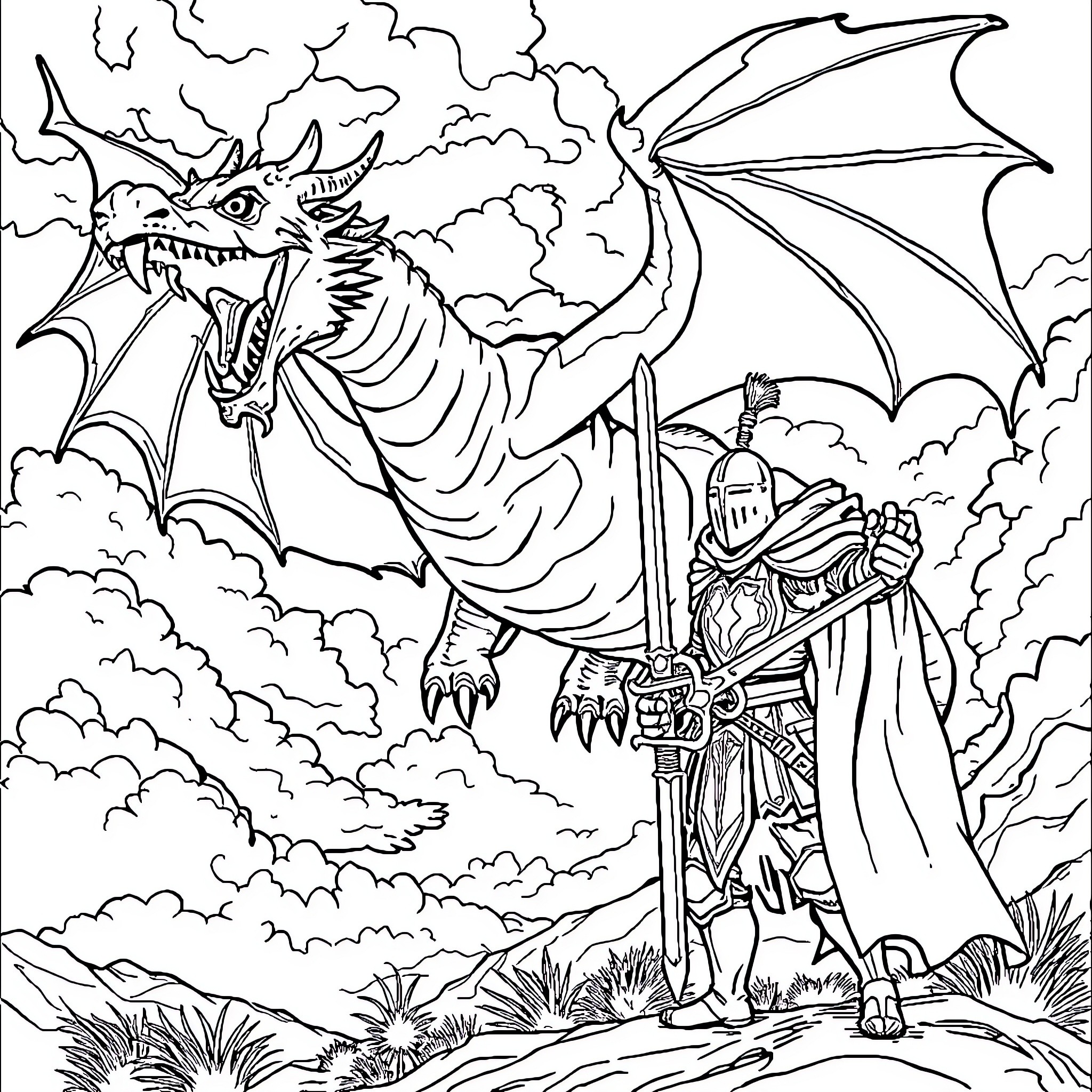 Dragon Warrior Confronting the Fearsome Winged Beast Coloring Page (free black-and-white line drawing printable PDF for all, from beginners to advanced learners, including children, teens, adults, and seniors)