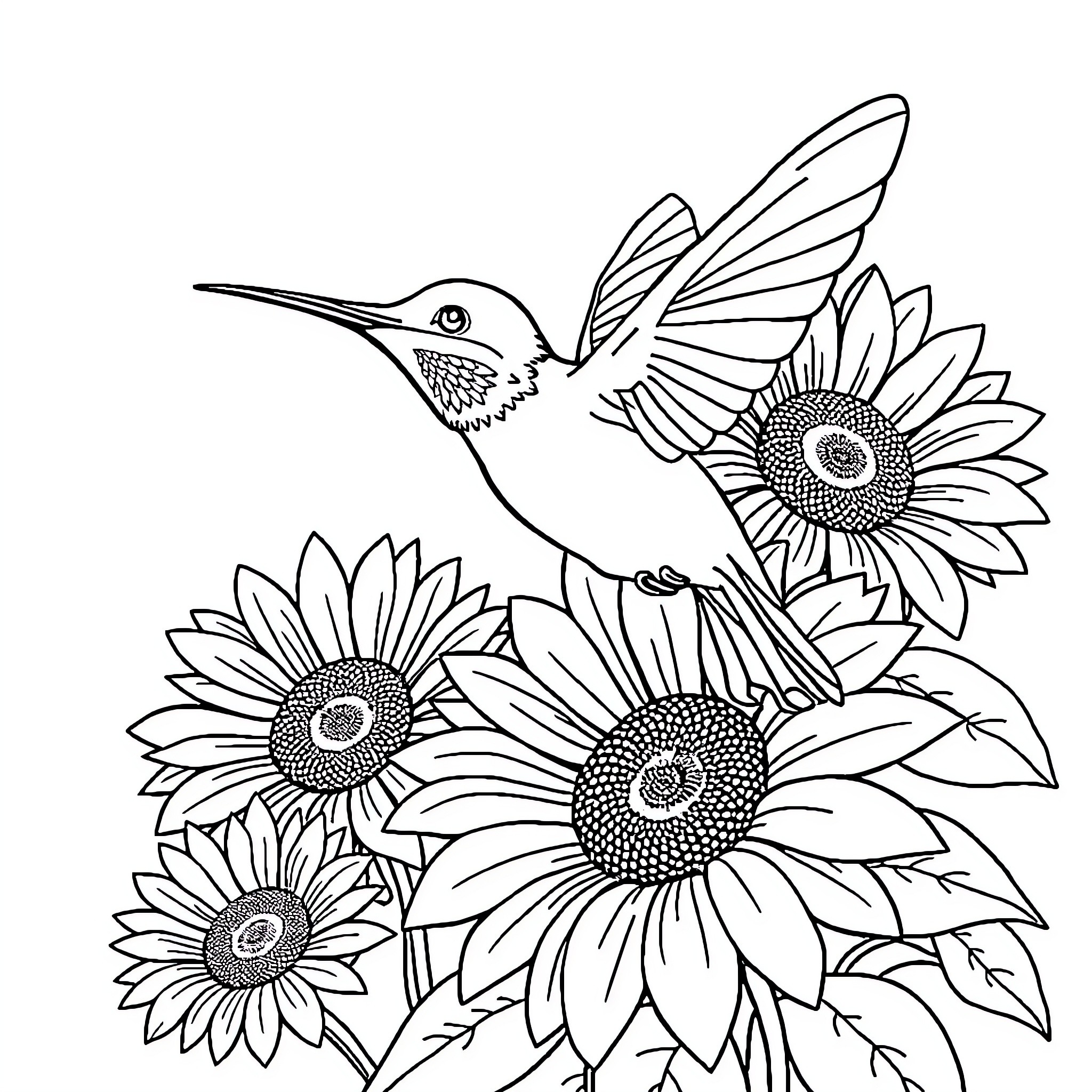 Hummingbird hovering amongst sunflowers Coloring Page (free black-and-white line drawing printable PDF for all, from beginners to advanced learners, including children, teens, adults, and seniors)