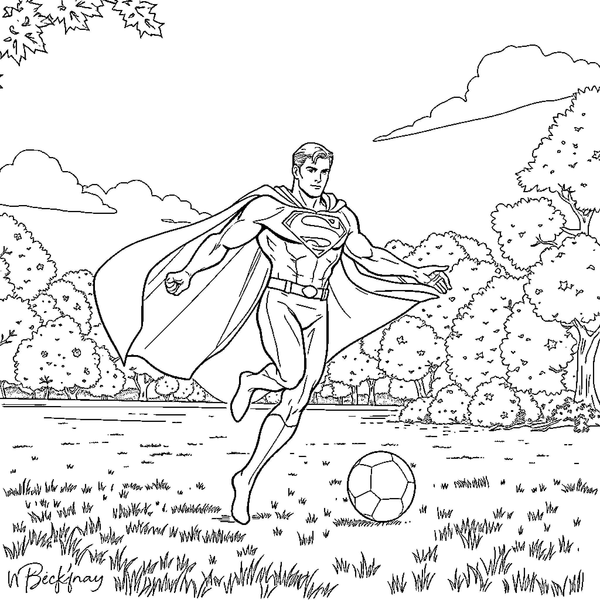 Superman leaping into action in a grassy field Coloring Page (free black-and-white line drawing printable PDF for all, from beginners to advanced learners, including children, teens, adults, and seniors)