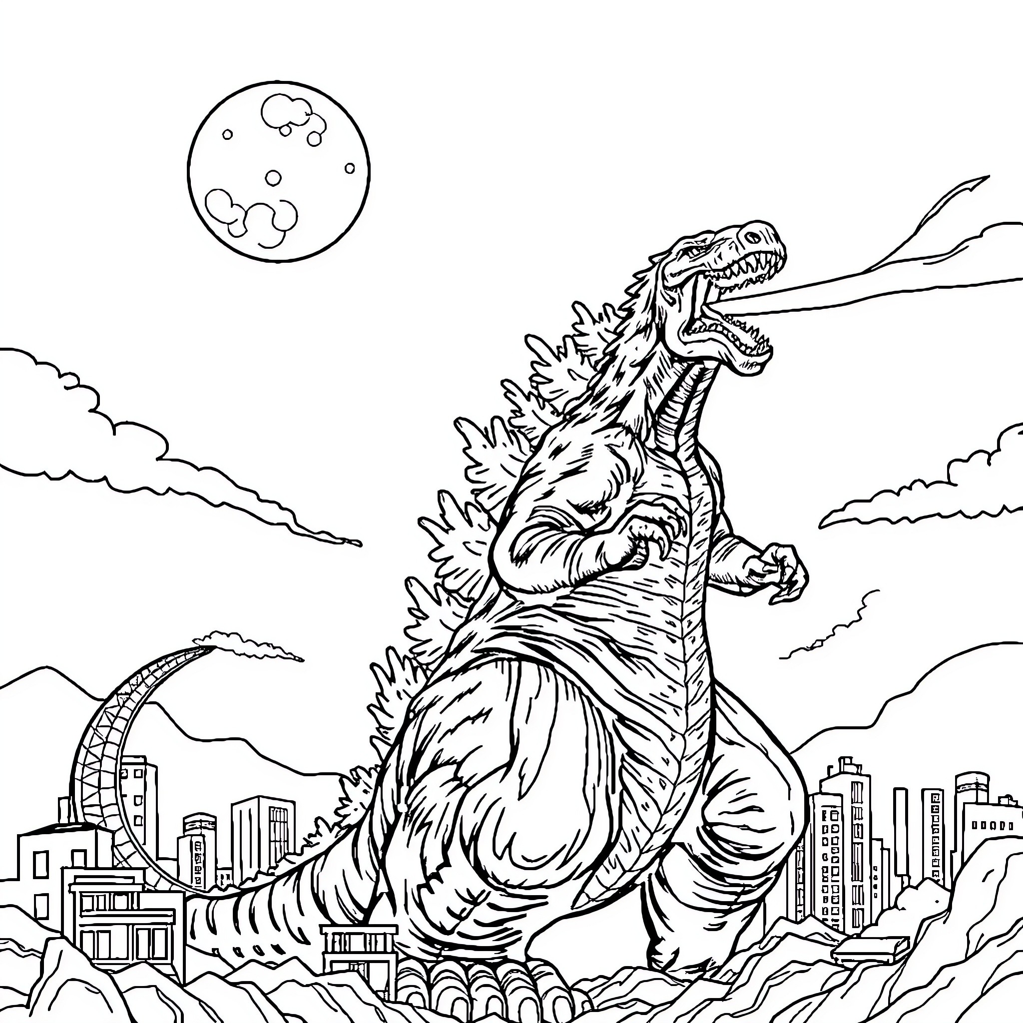Godzilla destroying a city skyline Coloring Page (free black-and-white line drawing printable PDF for all, from beginners to advanced learners, including children, teens, adults, and seniors)