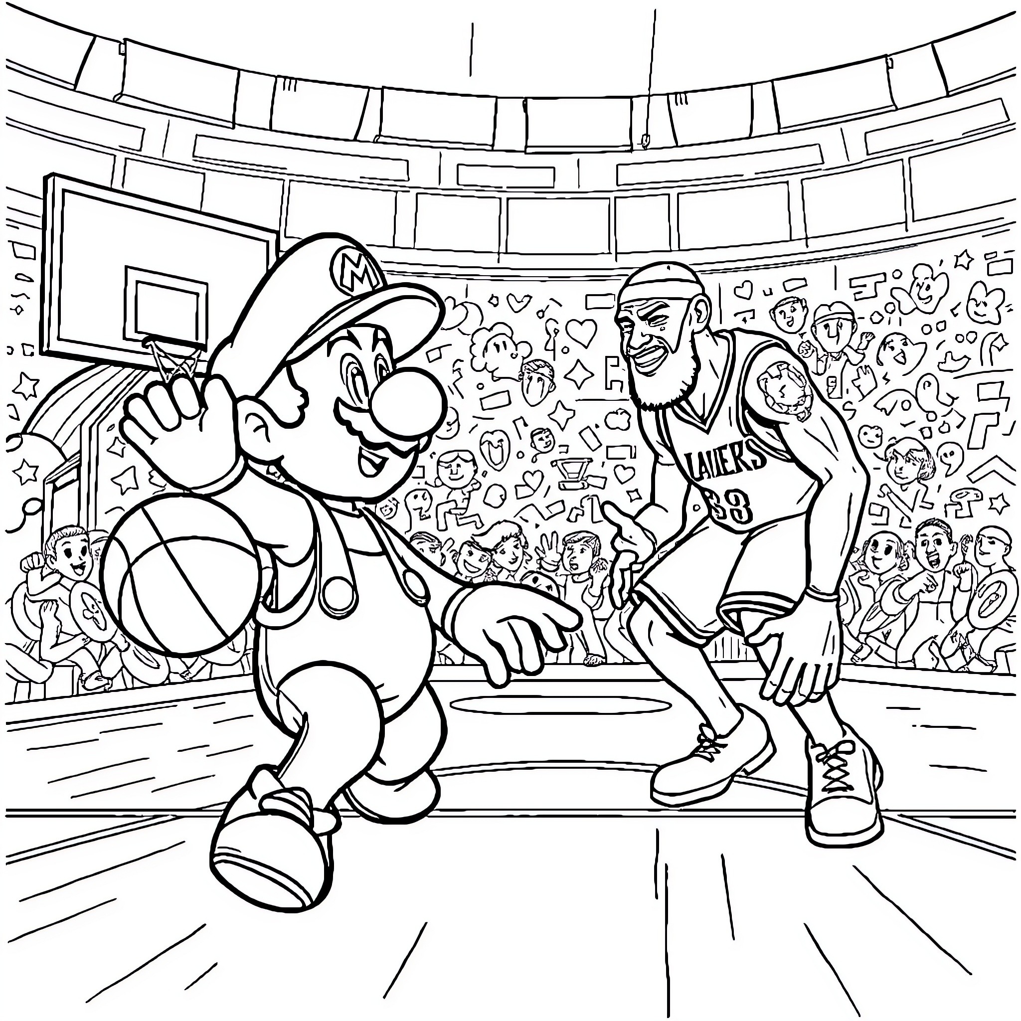 Mario Playing Basketball with a Teammate Coloring Page (free black-and-white line drawing printable PDF for all, from beginners to advanced learners, including children, teens, adults, and seniors)