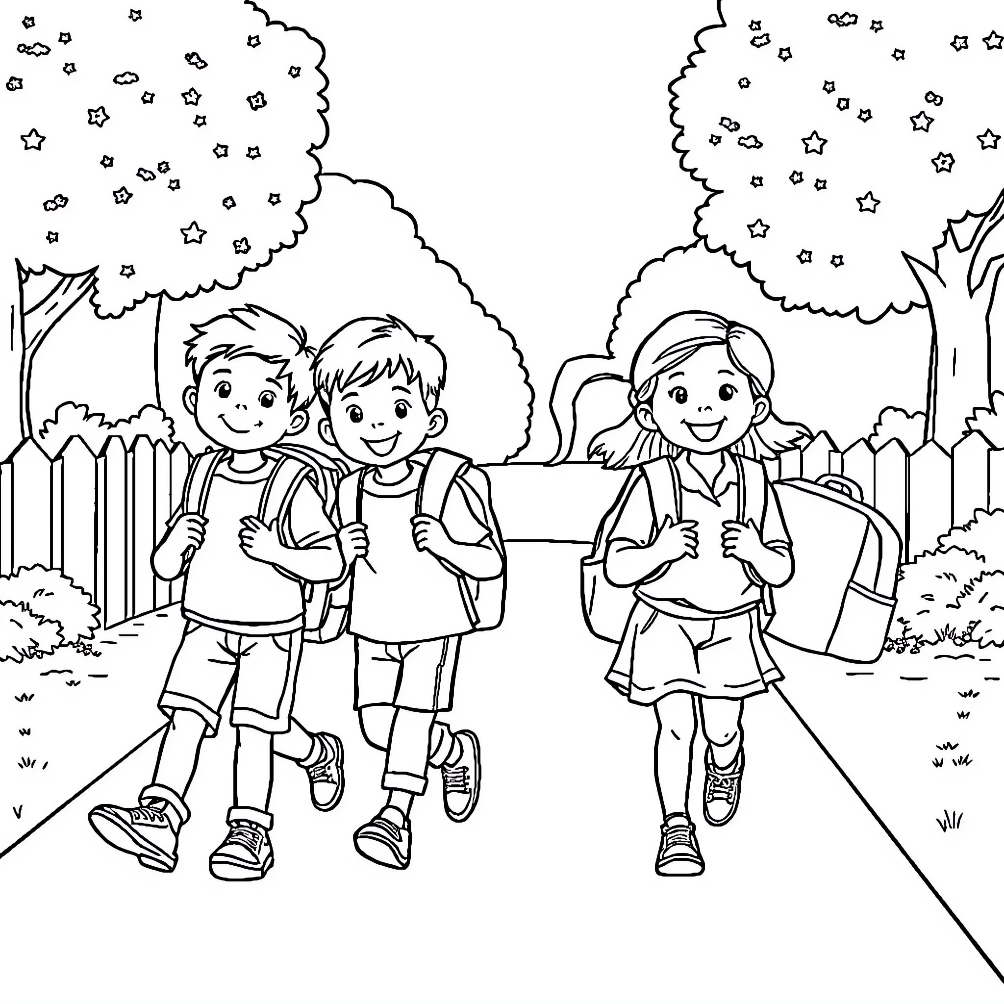 School Children Walking to School Together Coloring Page (free black-and-white line drawing printable PDF for all, from beginners to advanced learners, including children, teens, adults, and seniors)
