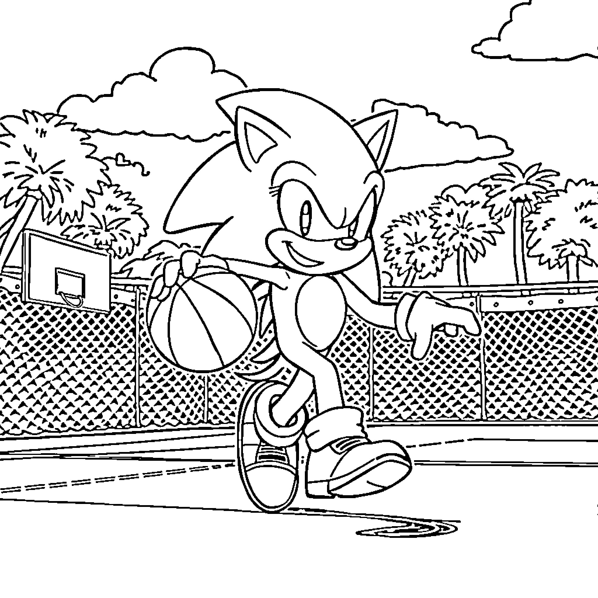 Sonic enjoying a sunny day at the beach Coloring Page (free black-and-white line drawing printable PDF for all, from beginners to advanced learners, including children, teens, adults, and seniors)