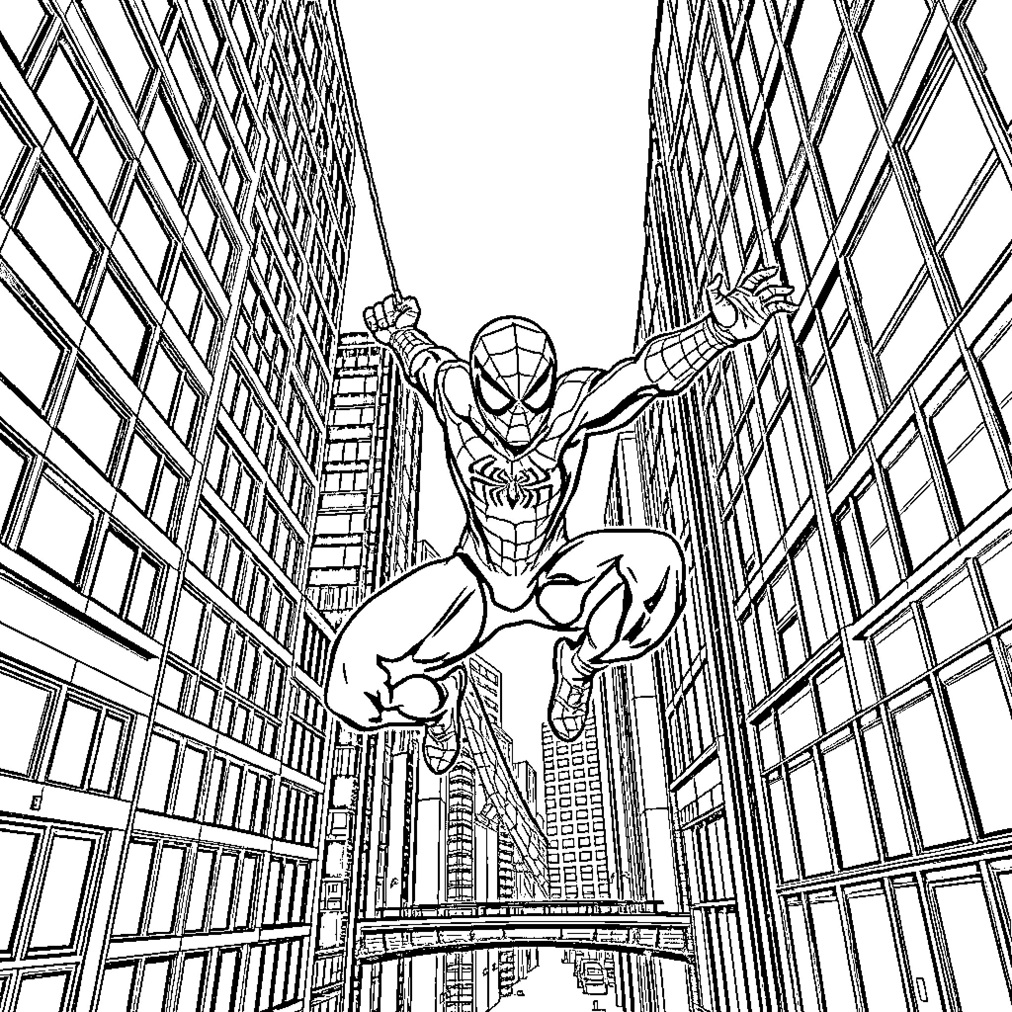 Spiderman swinging through the city skyline Coloring Page (free black-and-white line drawing printable PDF for all, from beginners to advanced learners, including children, teens, adults, and seniors)