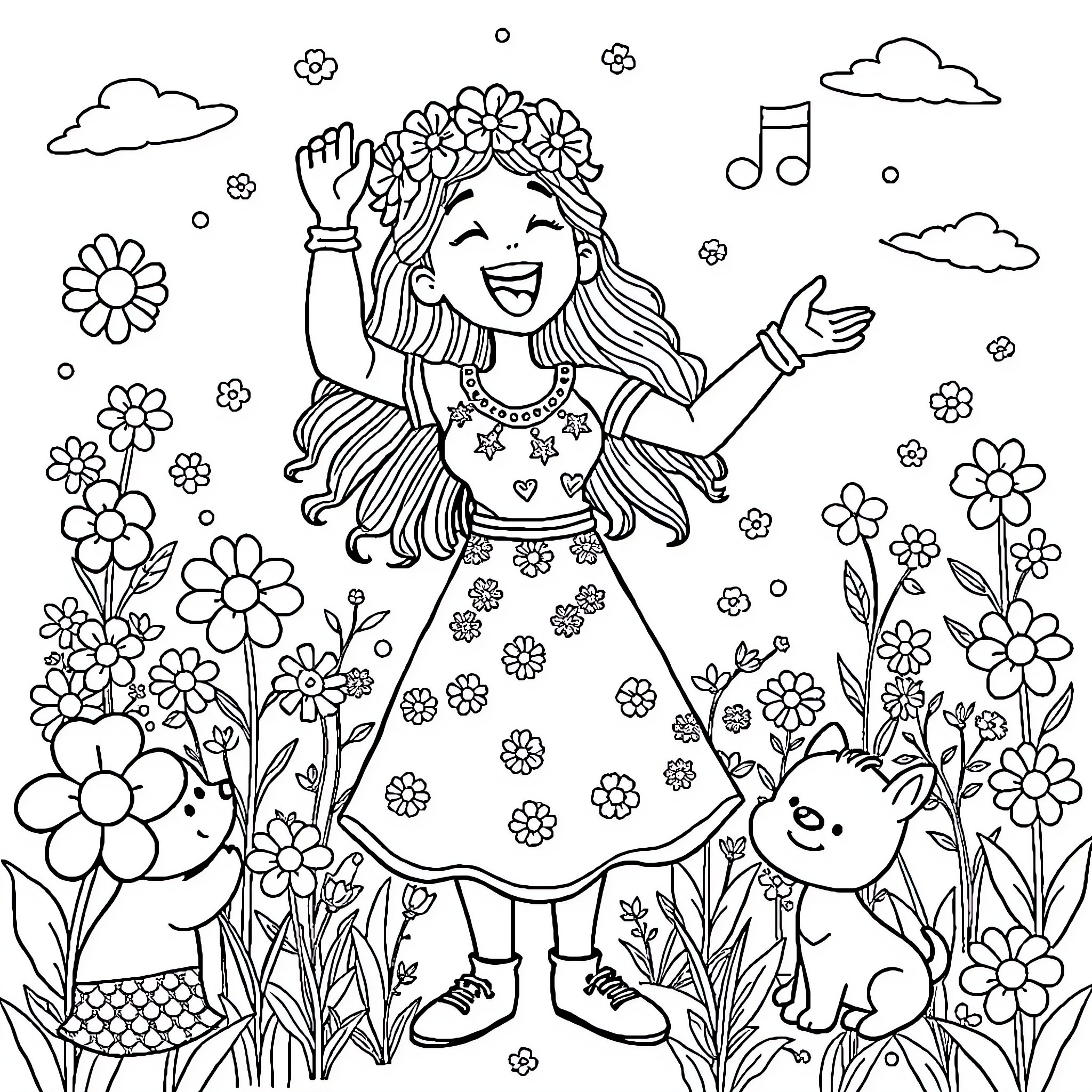 Cheerleader dancing joyfully in a flower field Coloring Page (free black-and-white line drawing printable PDF for all, from beginners to advanced learners, including children, teens, adults, and seniors)