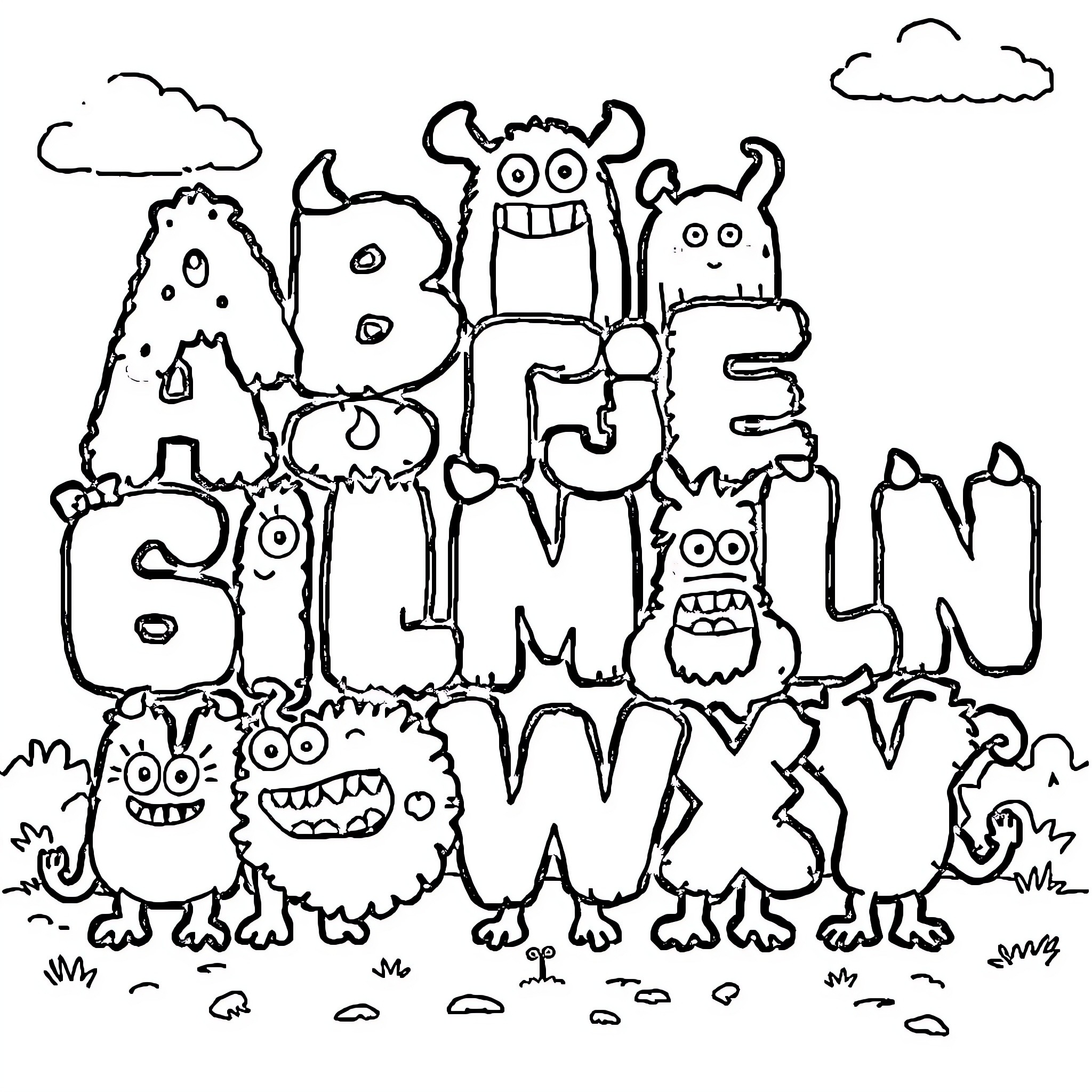 Monster group forming a whimsical sentence Coloring Page (free black-and-white line drawing printable PDF for all, from beginners to advanced learners, including children, teens, adults, and seniors)