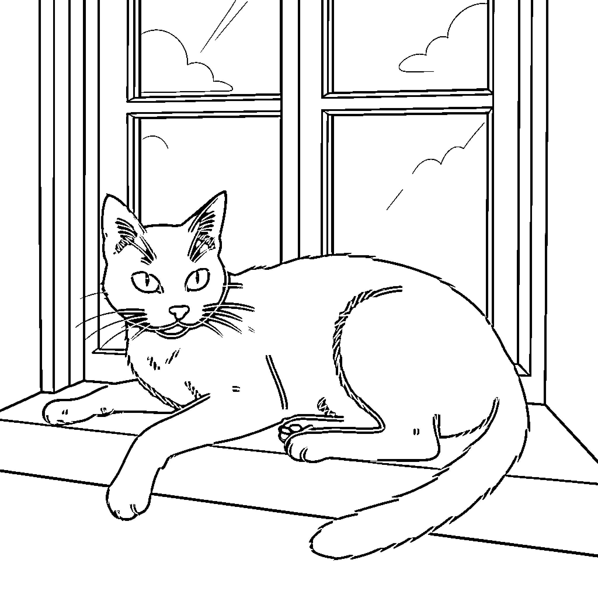 Cat Resting Peacefully by the Window Coloring Page (free black-and-white line drawing printable PDF for all, from beginners to advanced learners, including children, teens, adults, and seniors)