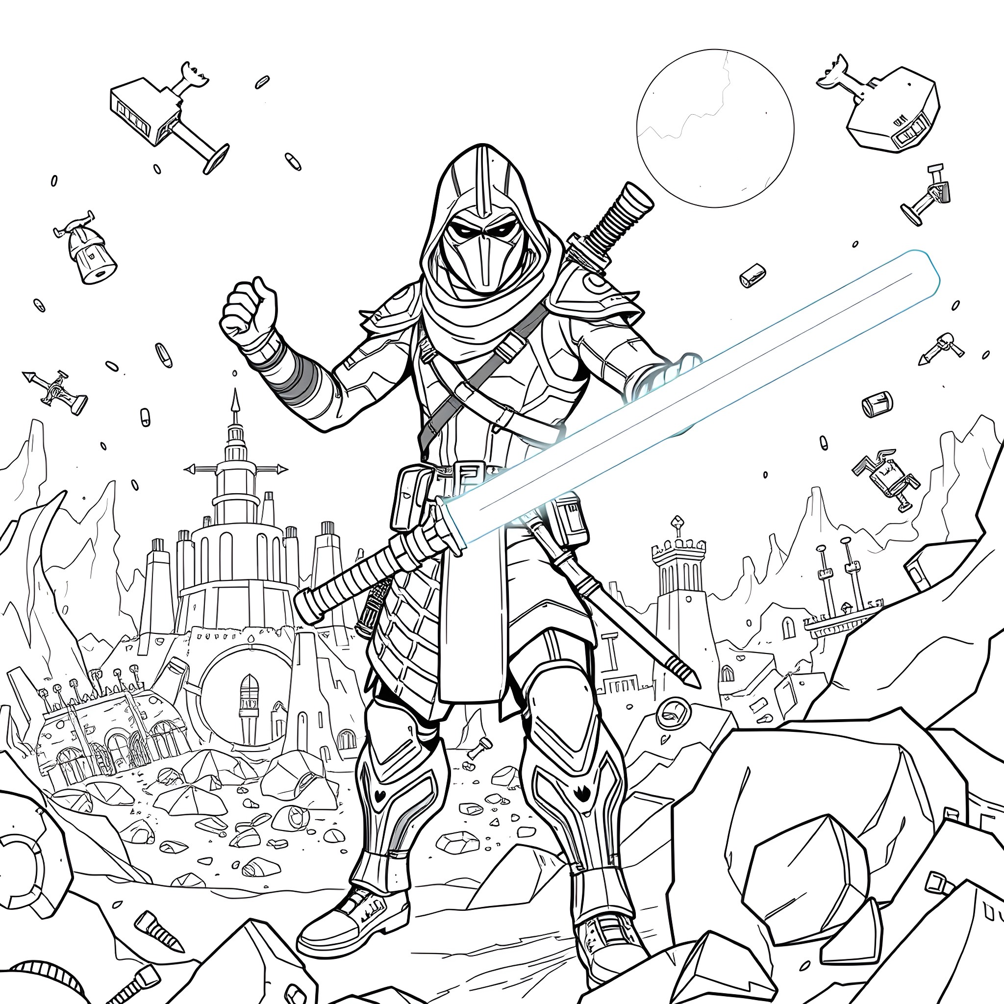 Light Saber Warrior in Epic Battle Scene Coloring Page (free black-and-white line drawing printable PDF for all, from beginners to advanced learners, including children, teens, adults, and seniors)