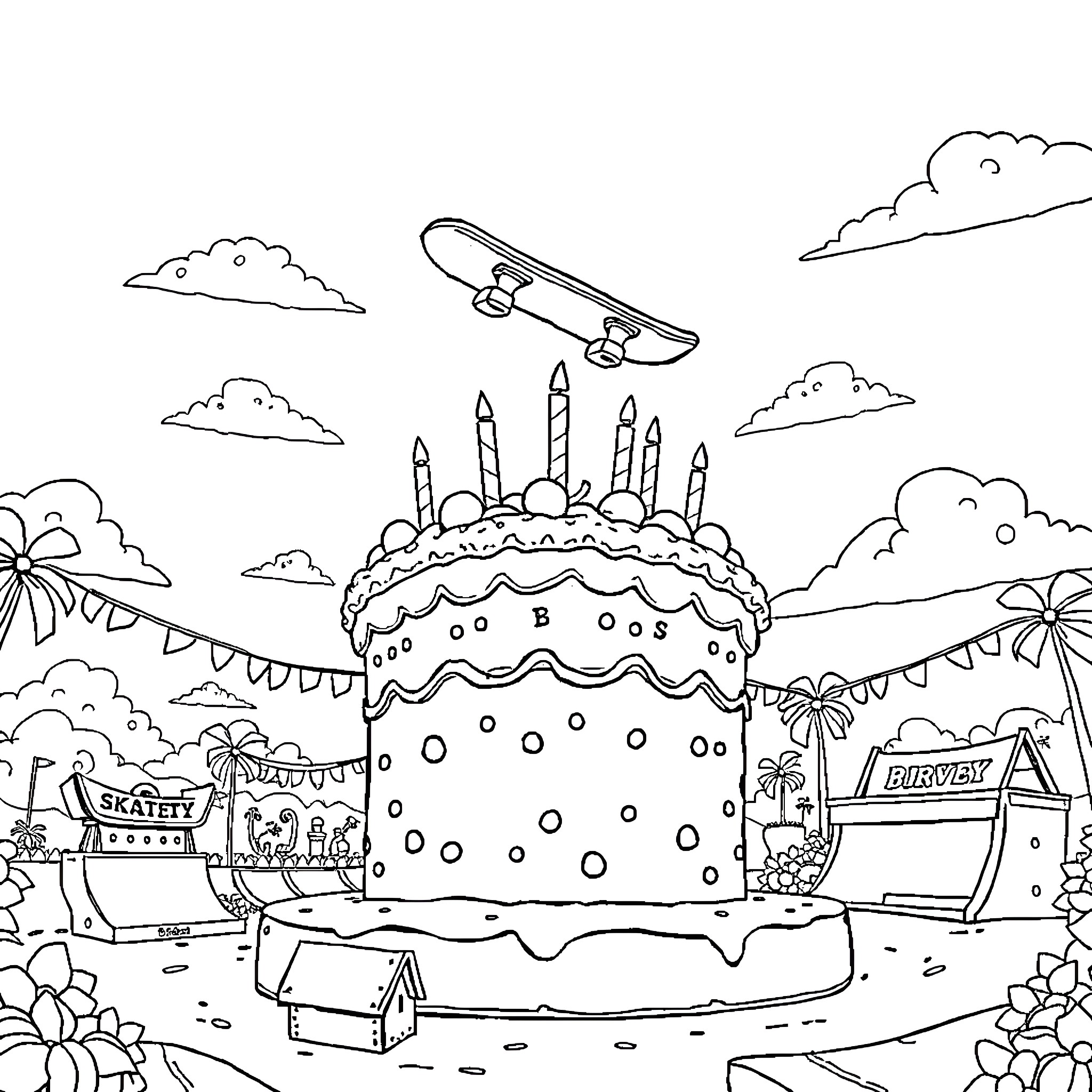 Skateboard Birthday Party at the Park Coloring Page (free black-and-white line drawing printable PDF for all, from beginners to advanced learners, including children, teens, adults, and seniors)