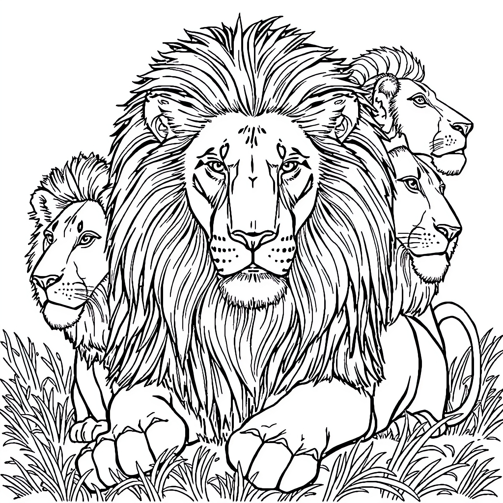 Lion's Majestic Pride in the Wild Coloring Page (free black-and-white line drawing printable PDF for all, from beginners to advanced learners, including children, teens, adults, and seniors)