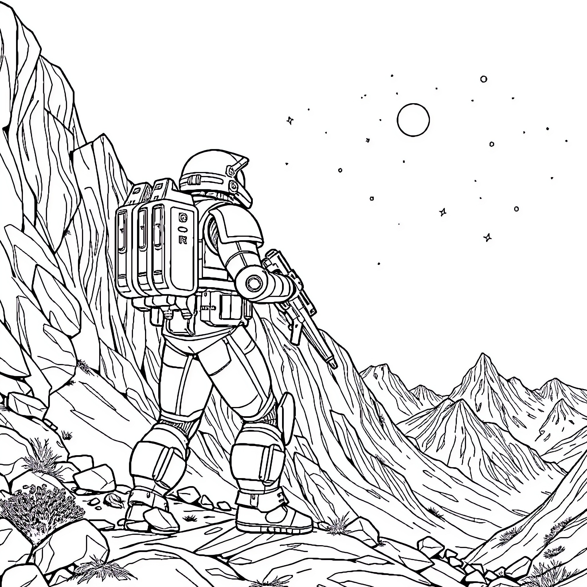Space Marine exploring a desolate alien landscape Coloring Page (free black-and-white line drawing printable PDF for all, from beginners to advanced learners, including children, teens, adults, and seniors)