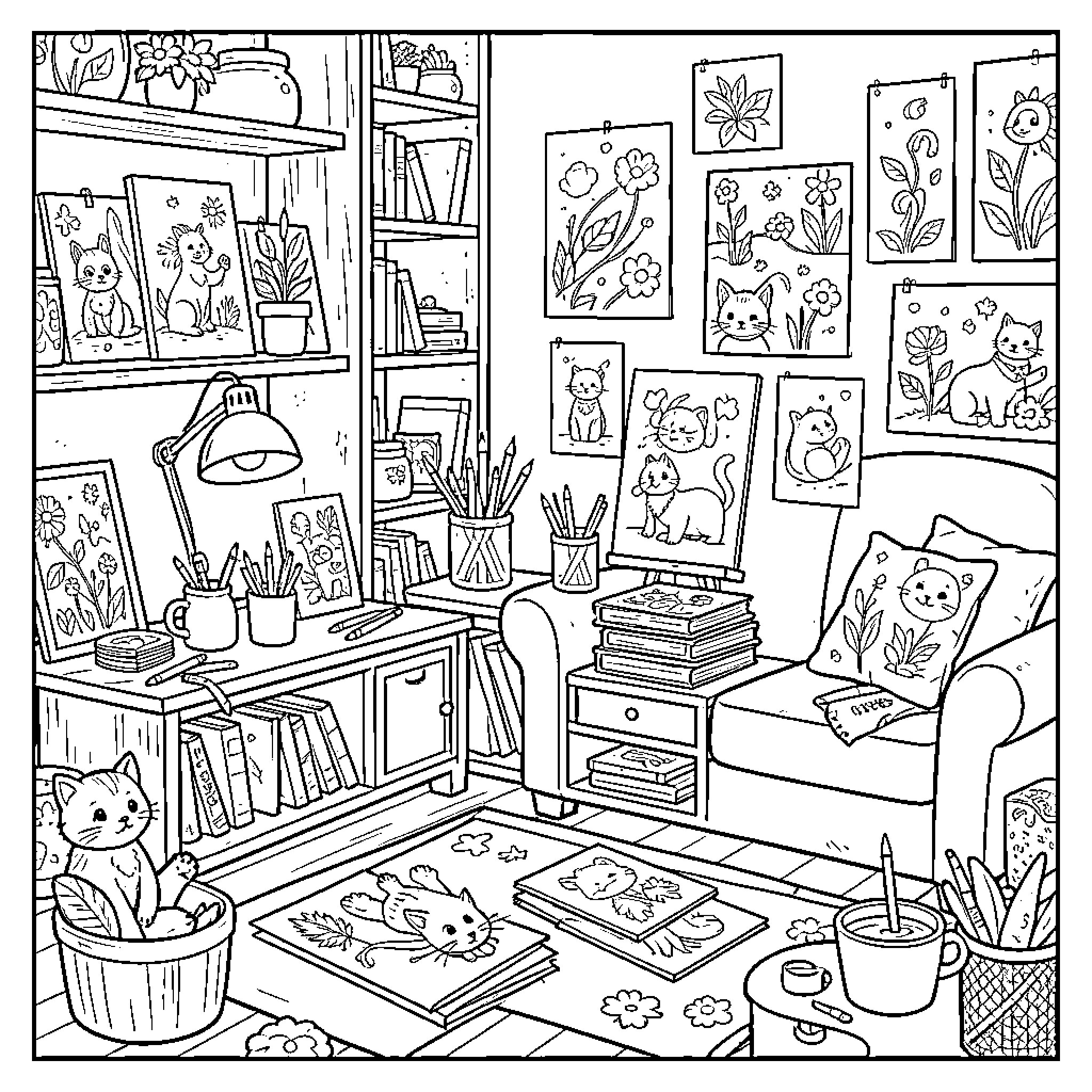 Cozy room filled with cute cat art and sketches Coloring Page (free black-and-white line drawing printable PDF for all, from beginners to advanced learners, including children, teens, adults, and seniors)