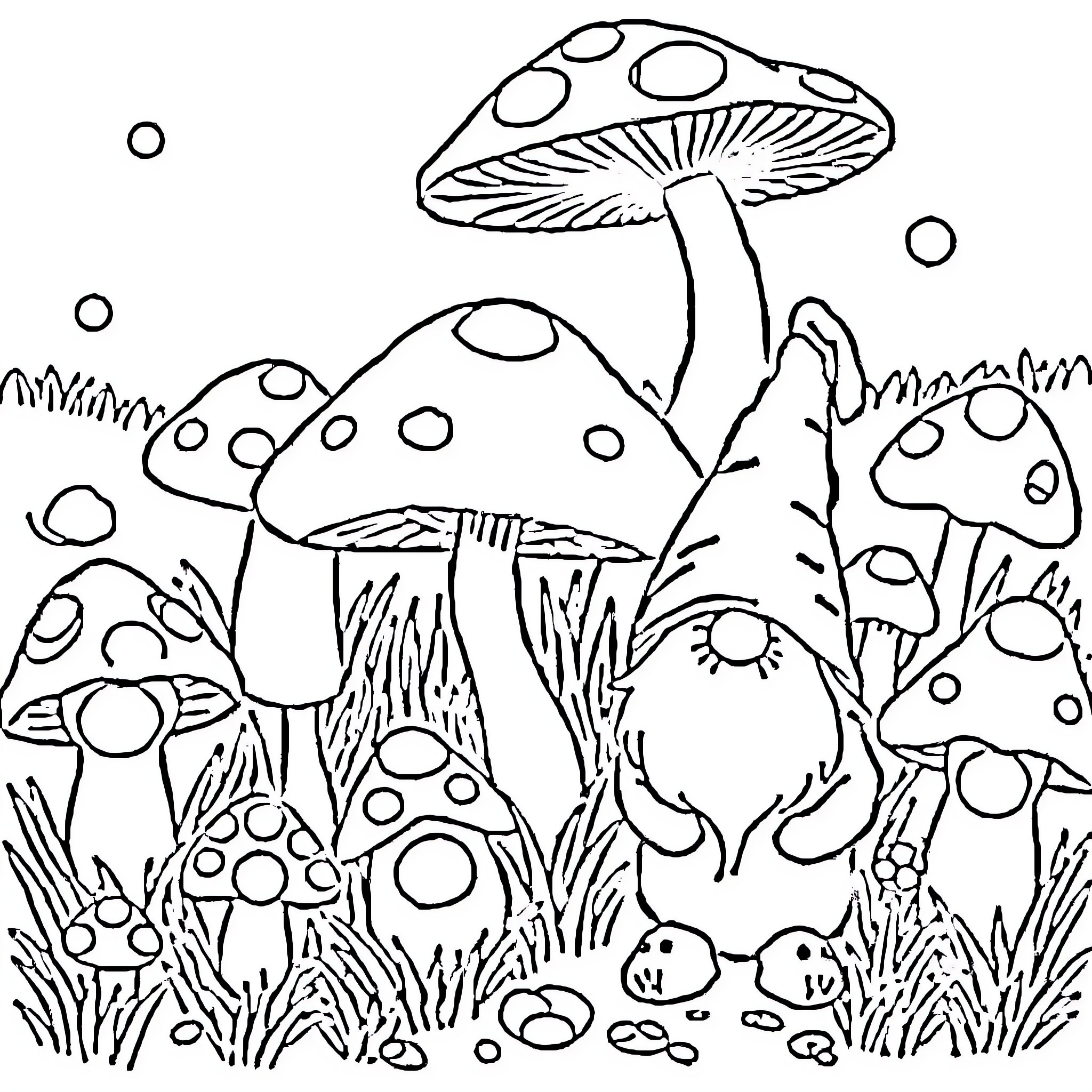 Mushroom gnomes in whimsical forest scene Coloring Page (free black-and-white line drawing printable PDF for all, from beginners to advanced learners, including children, teens, adults, and seniors)