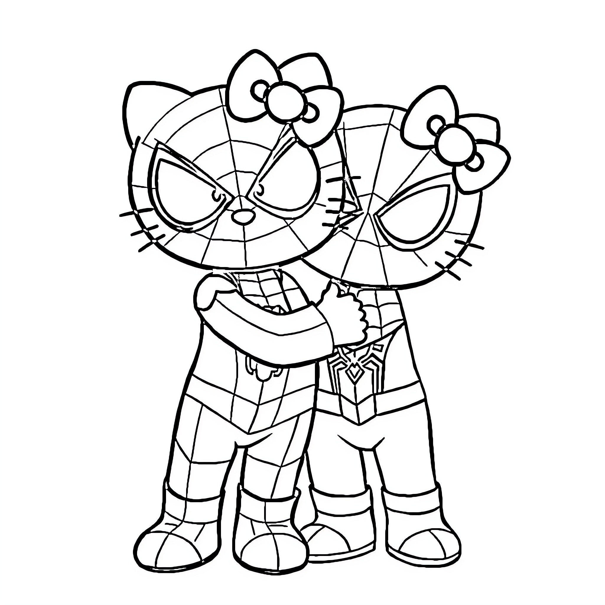 Hello Kitty as Spider-Man and Spider-Gwen Coloring Page (free black-and-white line drawing printable PDF for all, from beginners to advanced learners, including children, teens, adults, and seniors)