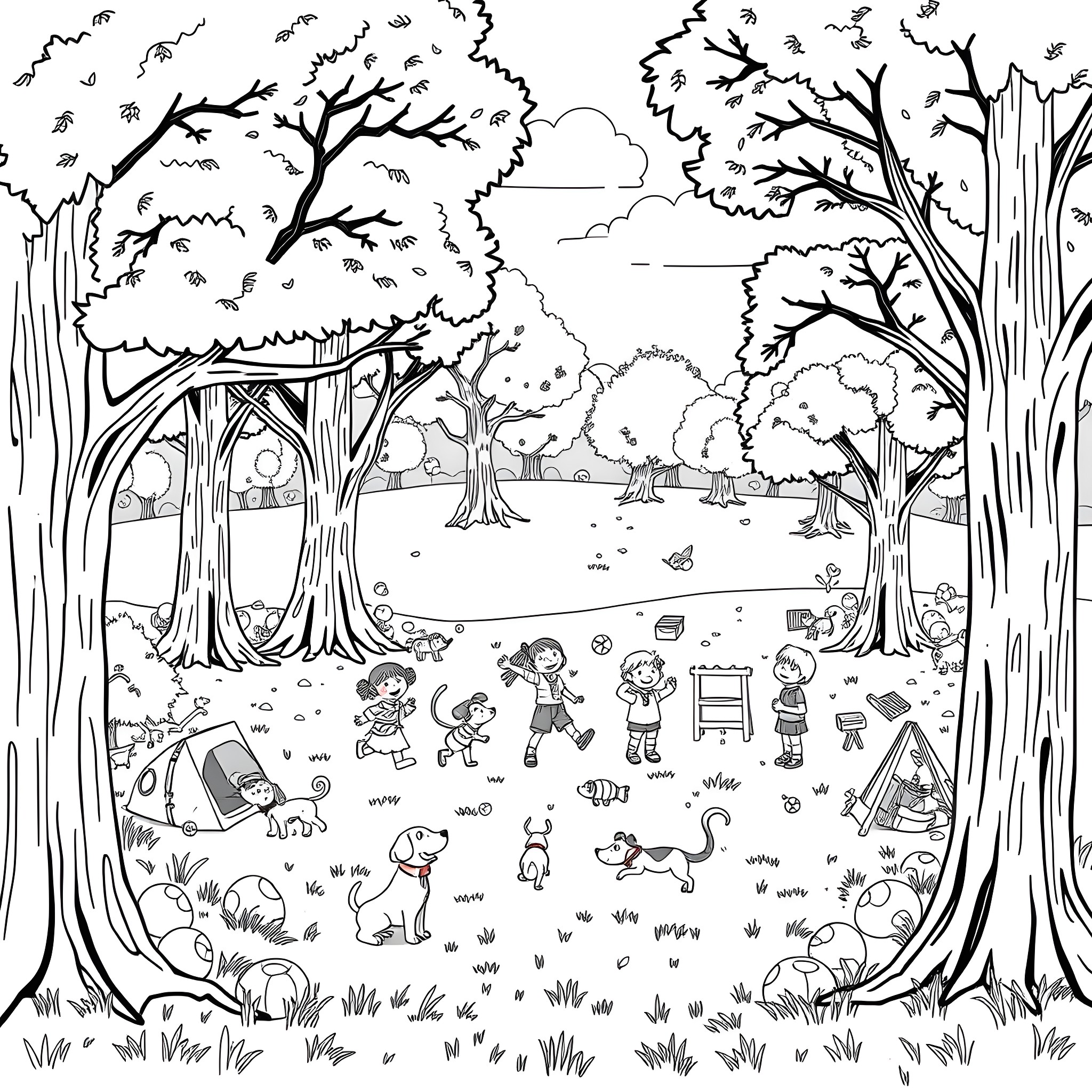 Play in the Enchanted Forest with Children and Pets Coloring Page (free black-and-white line drawing printable PDF for all, from beginners to advanced learners, including children, teens, adults, and seniors)
