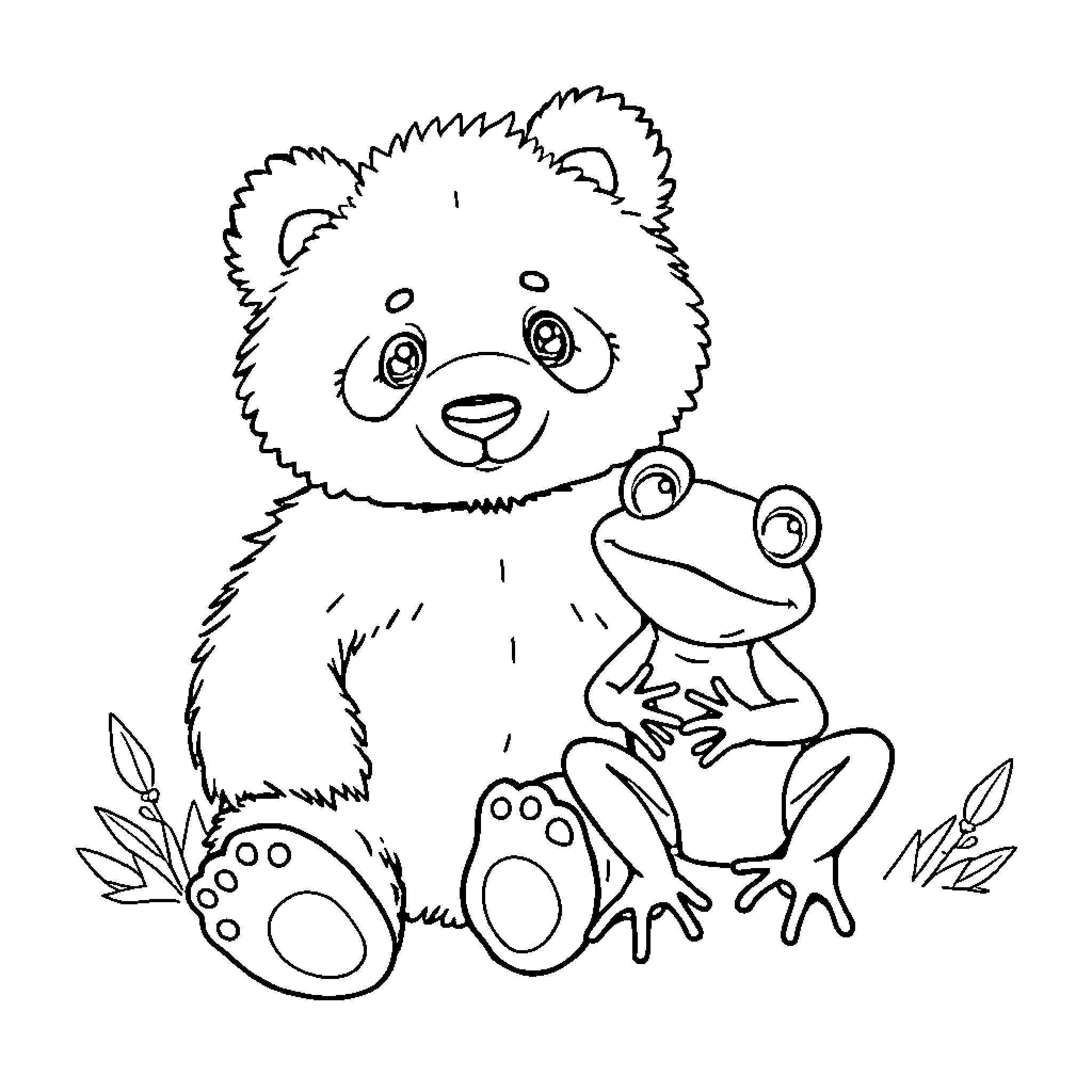 Panda embracing a frog friend in nature Coloring Page (free black-and-white line drawing printable PDF for all, from beginners to advanced learners, including children, teens, adults, and seniors)