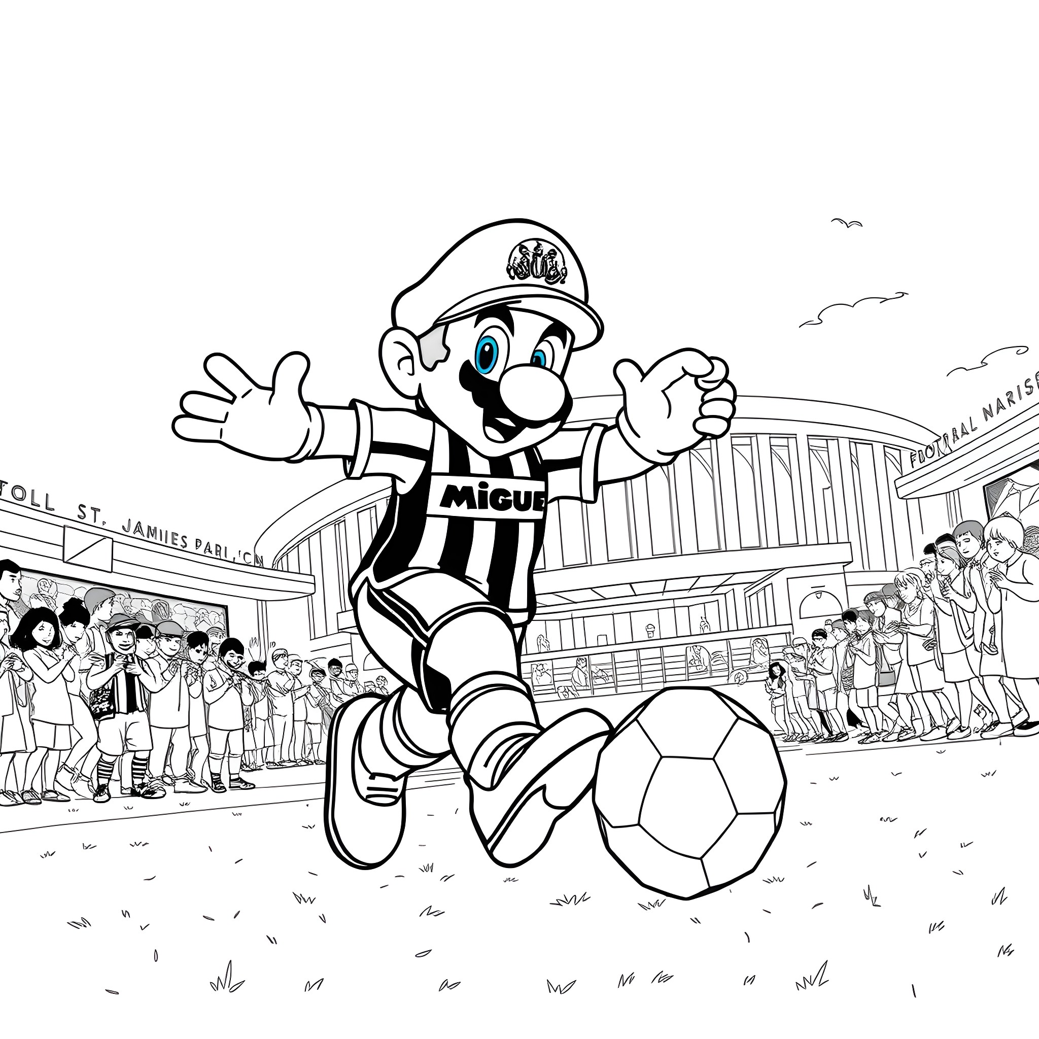 Mario playing soccer in stadium with crowd Coloring Page (free black-and-white line drawing printable PDF for all, from beginners to advanced learners, including children, teens, adults, and seniors)