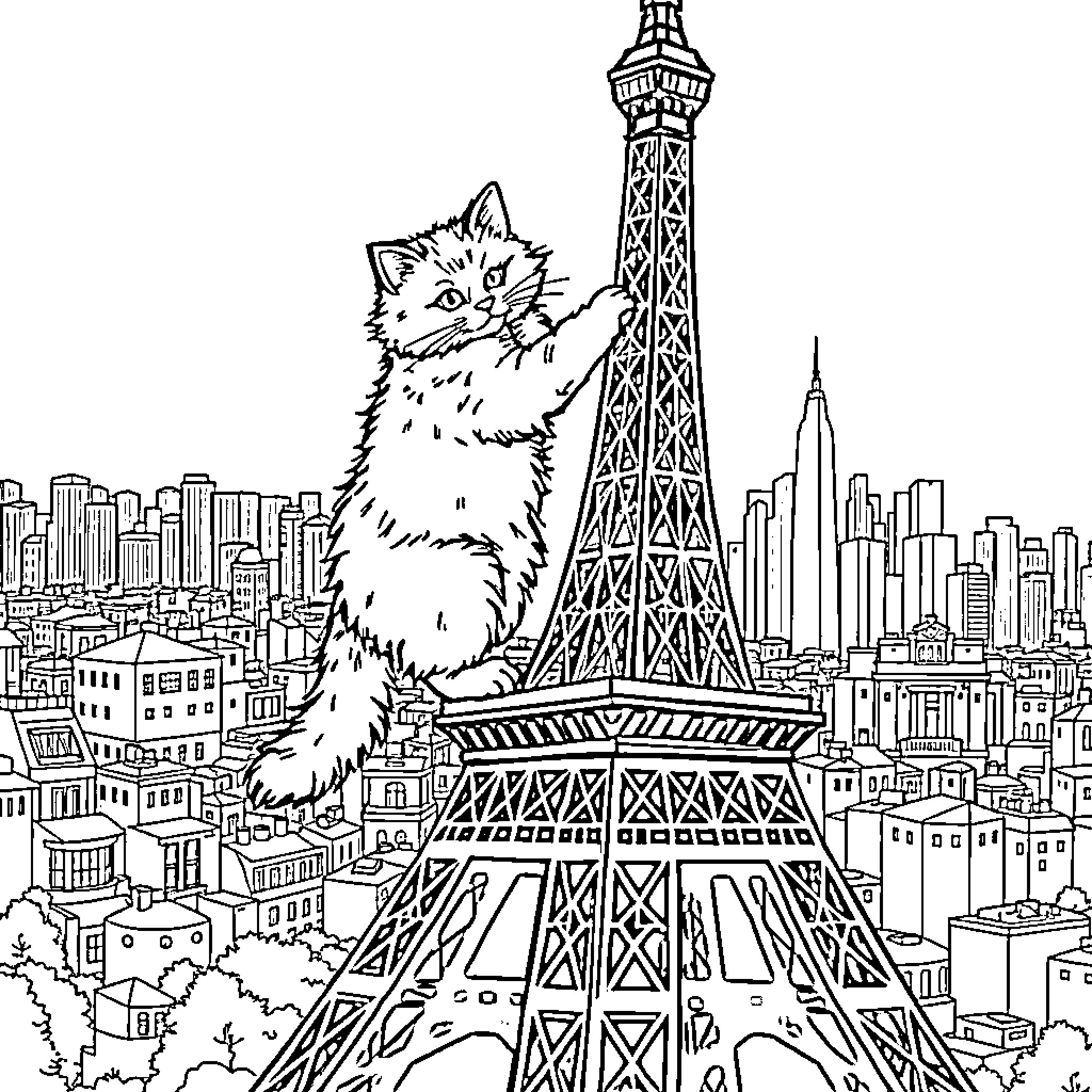 Cat climbing Eiffel Tower in city skyline Coloring Page (free black-and-white line drawing printable PDF for all, from beginners to advanced learners, including children, teens, adults, and seniors)