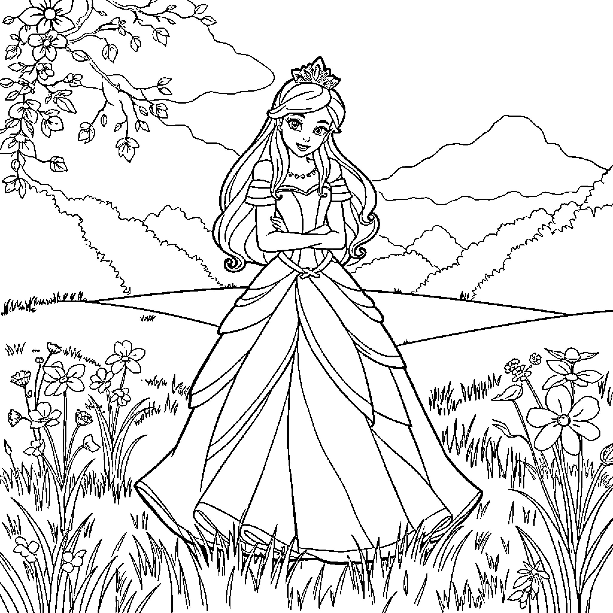 Princess in Elegant Attire Amid Floral Scenery Coloring Page (free black-and-white line drawing printable PDF for all, from beginners to advanced learners, including children, teens, adults, and seniors)