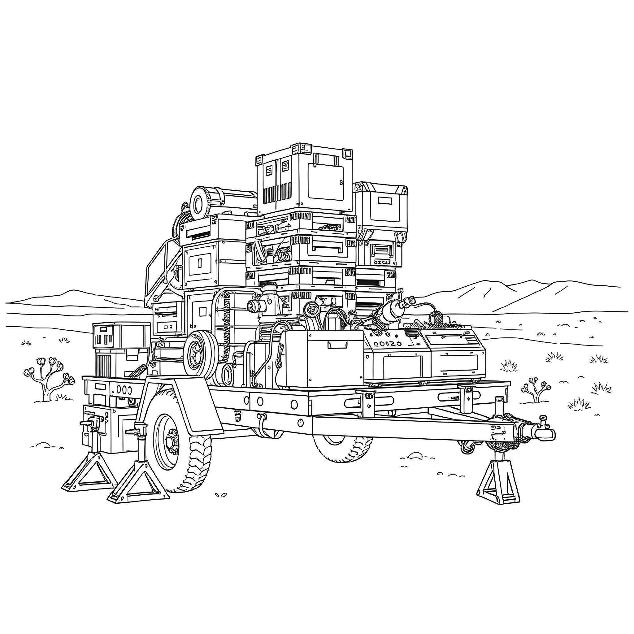 Trailer of a heavily equipped exploration vehicle in the desert Coloring Page (free black-and-white line drawing printable PDF for all, from beginners to advanced learners, including children, teens, adults, and seniors)
