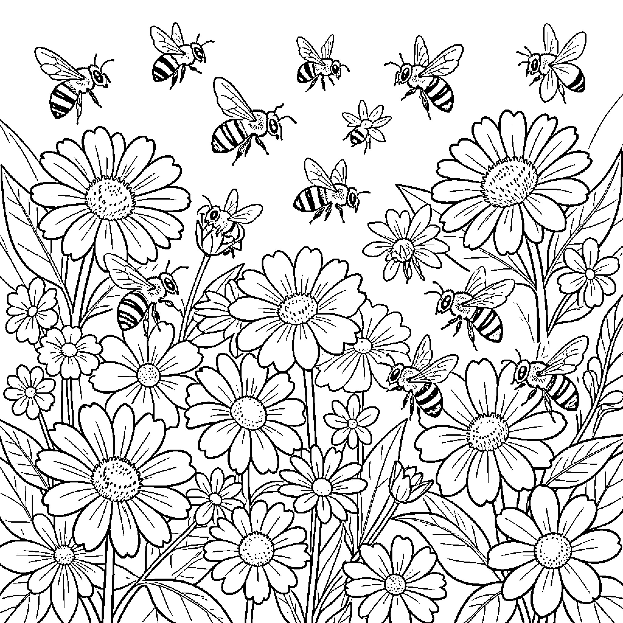 Bees buzzing around a field of flowers Coloring Page (free black-and-white line drawing printable PDF for all, from beginners to advanced learners, including children, teens, adults, and seniors)