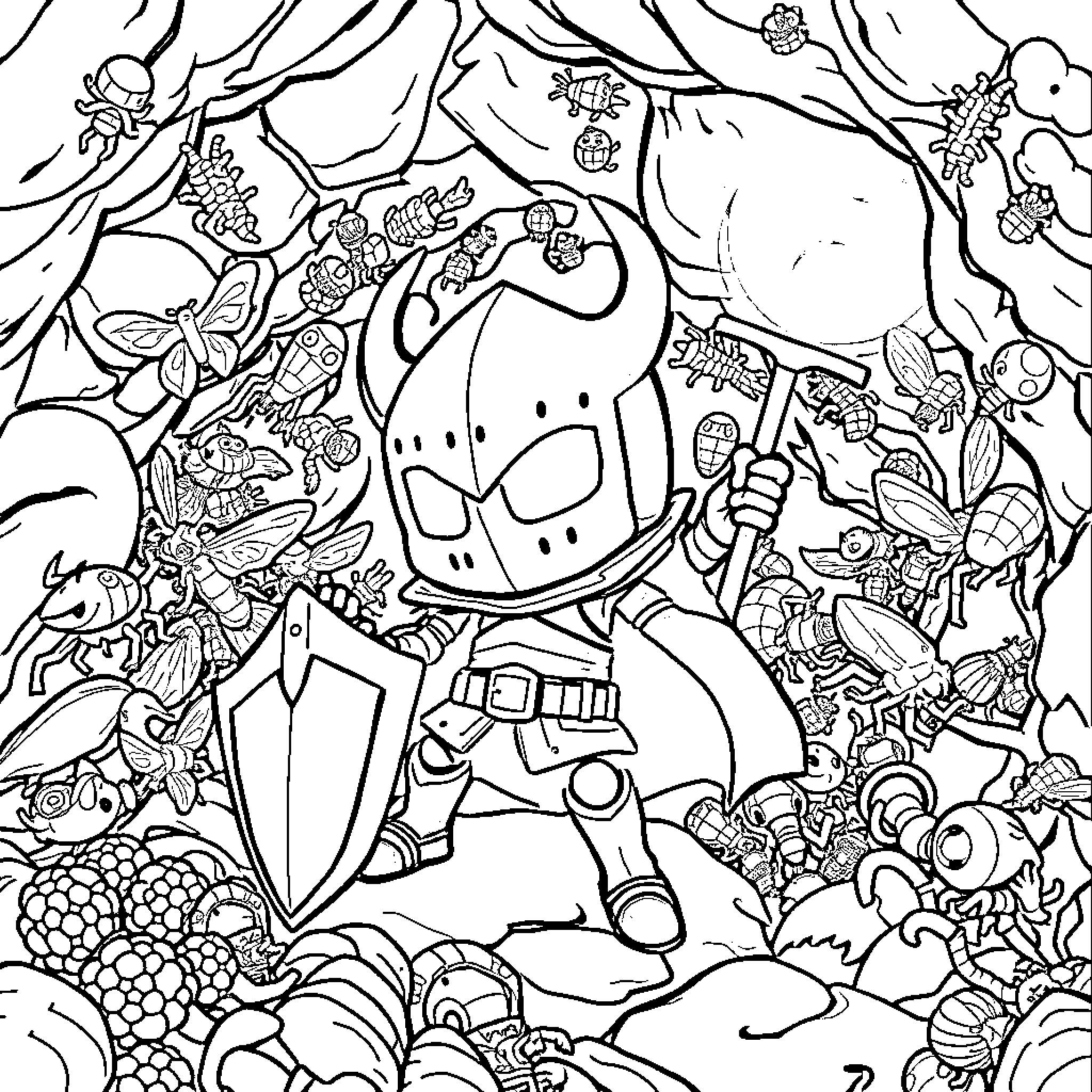 Hollow Knight: An Adventurous Journey Through the Depths Coloring Page (free black-and-white line drawing printable PDF for all, from beginners to advanced learners, including children, teens, adults, and seniors)