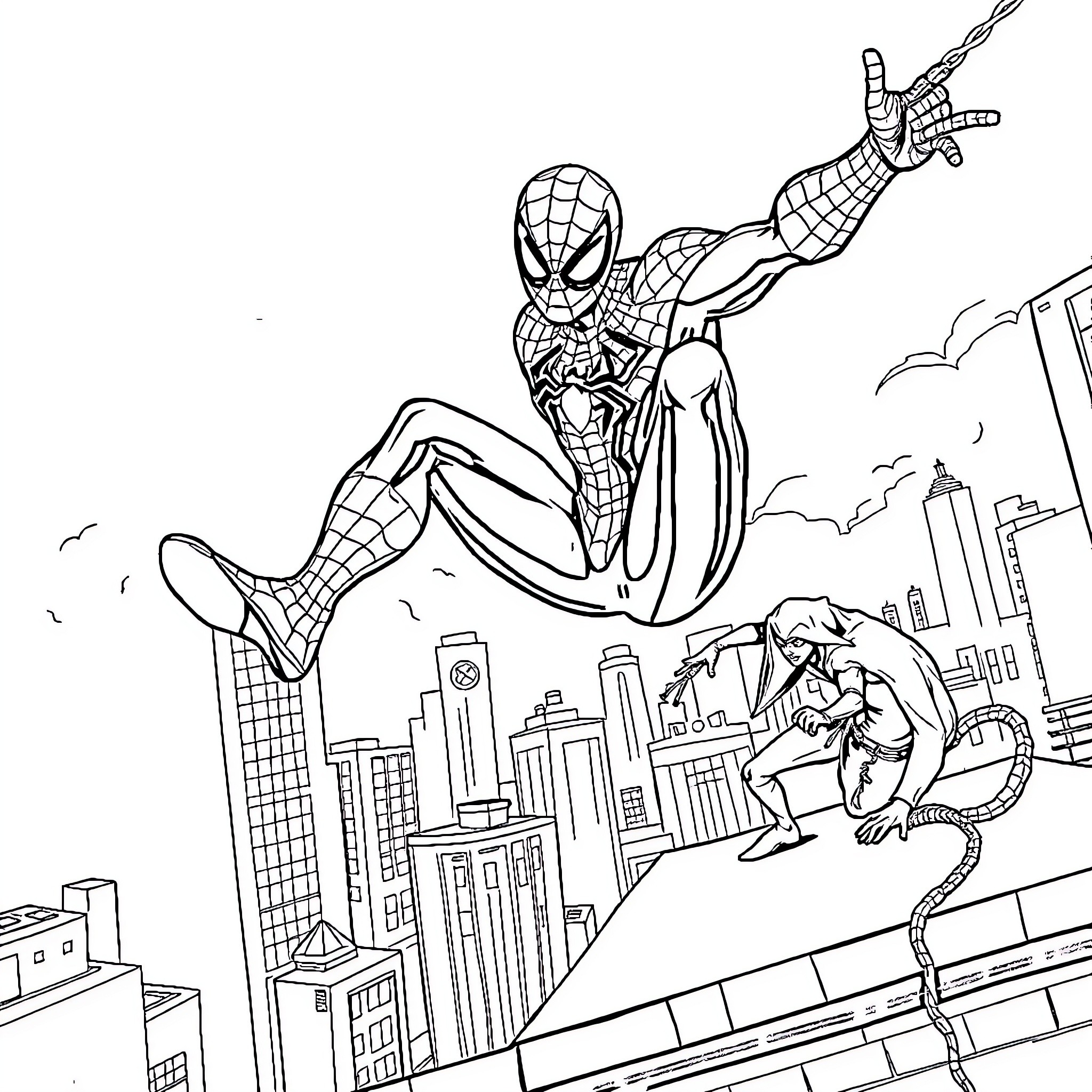Spiderman swinging through the city with action Coloring Page (free black-and-white line drawing printable PDF for all, from beginners to advanced learners, including children, teens, adults, and seniors)