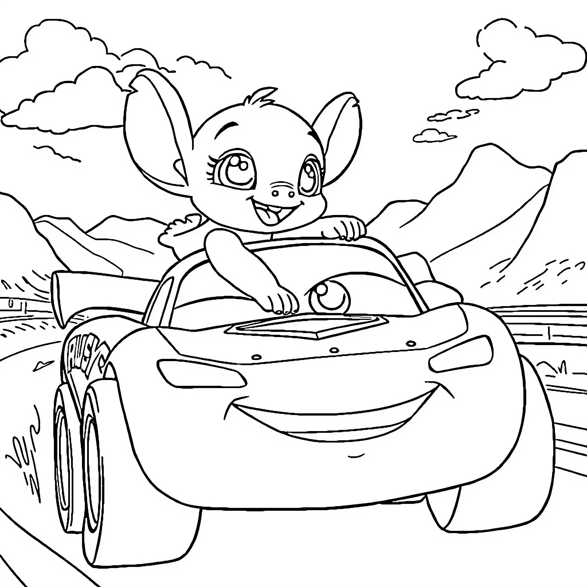 Bluey driving a car through the countryside Coloring Page (free black-and-white line drawing printable PDF for all, from beginners to advanced learners, including children, teens, adults, and seniors)