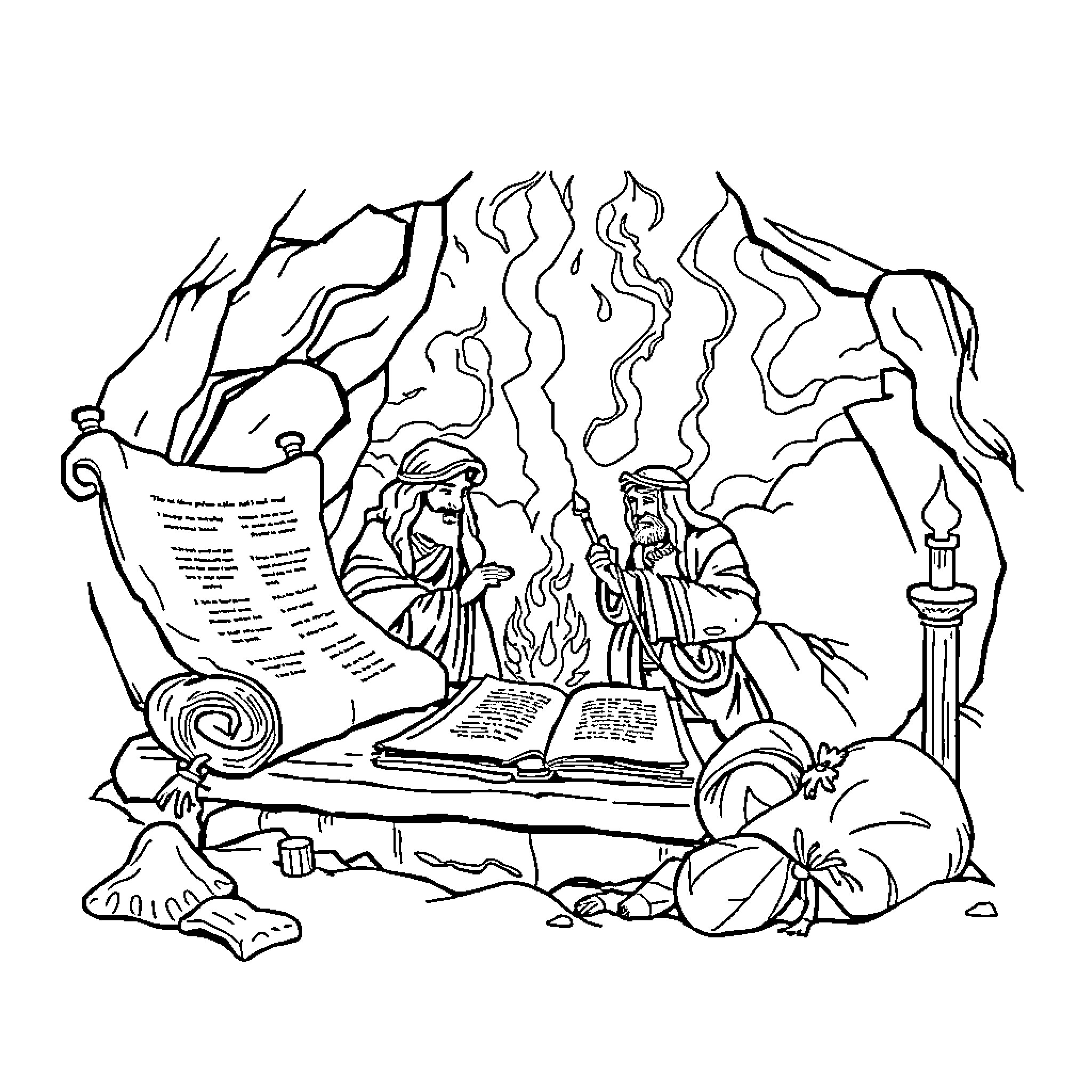 Bible scene with prophets and ancient writings Coloring Page (free black-and-white line drawing printable PDF for all, from beginners to advanced learners, including children, teens, adults, and seniors)