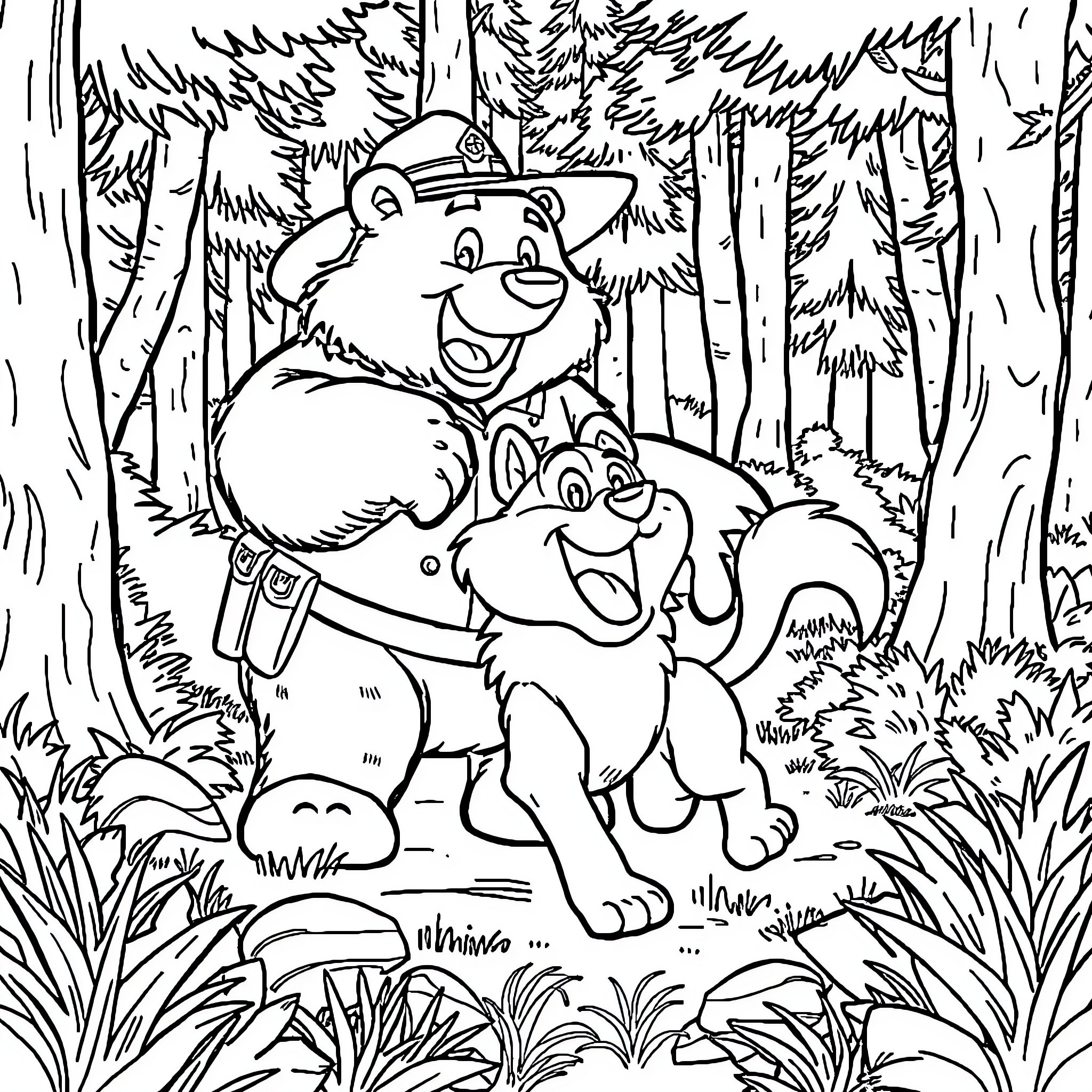Bear and puppy playing in the forest Coloring Page (free black-and-white line drawing printable PDF for all, from beginners to advanced learners, including children, teens, adults, and seniors)