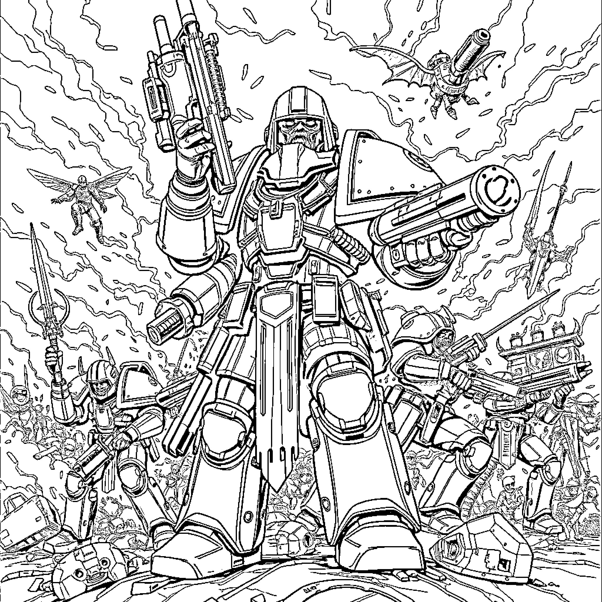 Warhammer 40k: Powerful Armored Warrior's Heroic Battle Coloring Page (free black-and-white line drawing printable PDF for all, from beginners to advanced learners, including children, teens, adults, and seniors)