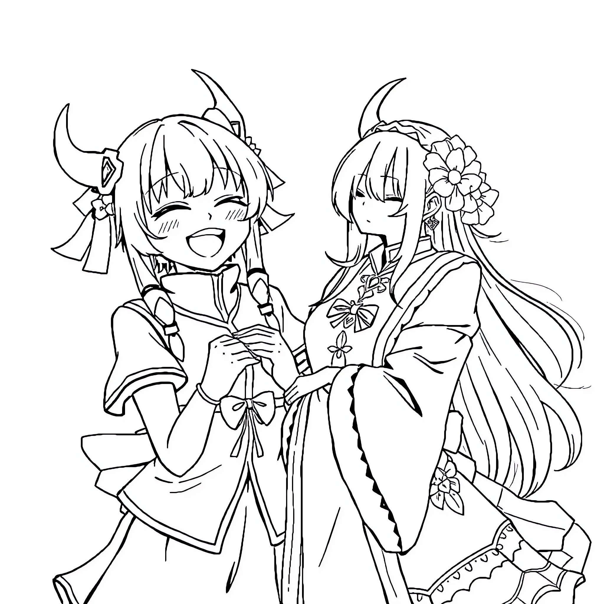 Mitsuri and Friend in Festive Attire Coloring Page (free black-and-white line drawing printable PDF for all, from beginners to advanced learners, including children, teens, adults, and seniors)