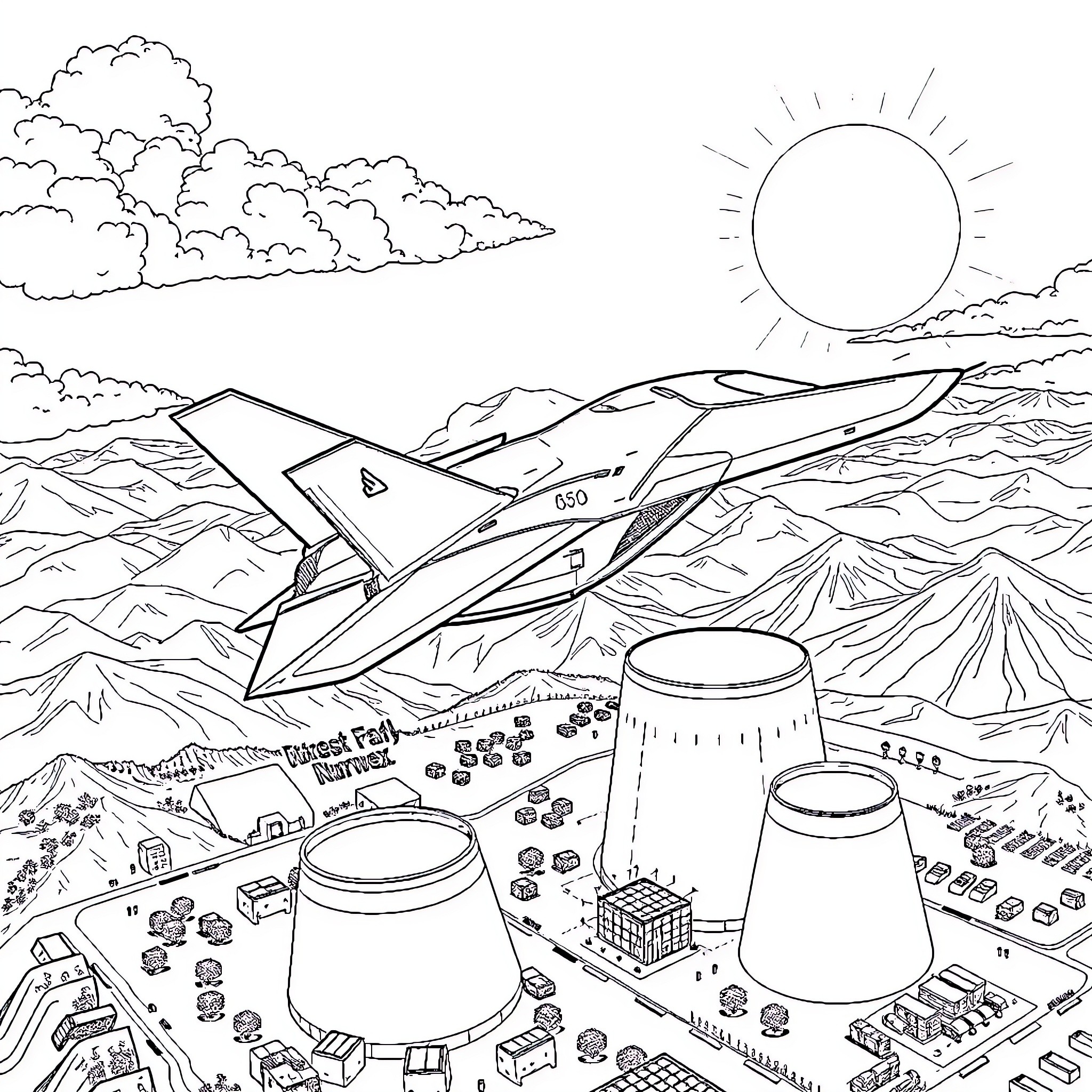 Fighter Jet soaring over industrial landscape Coloring Page (free black-and-white line drawing printable PDF for all, from beginners to advanced learners, including children, teens, adults, and seniors)