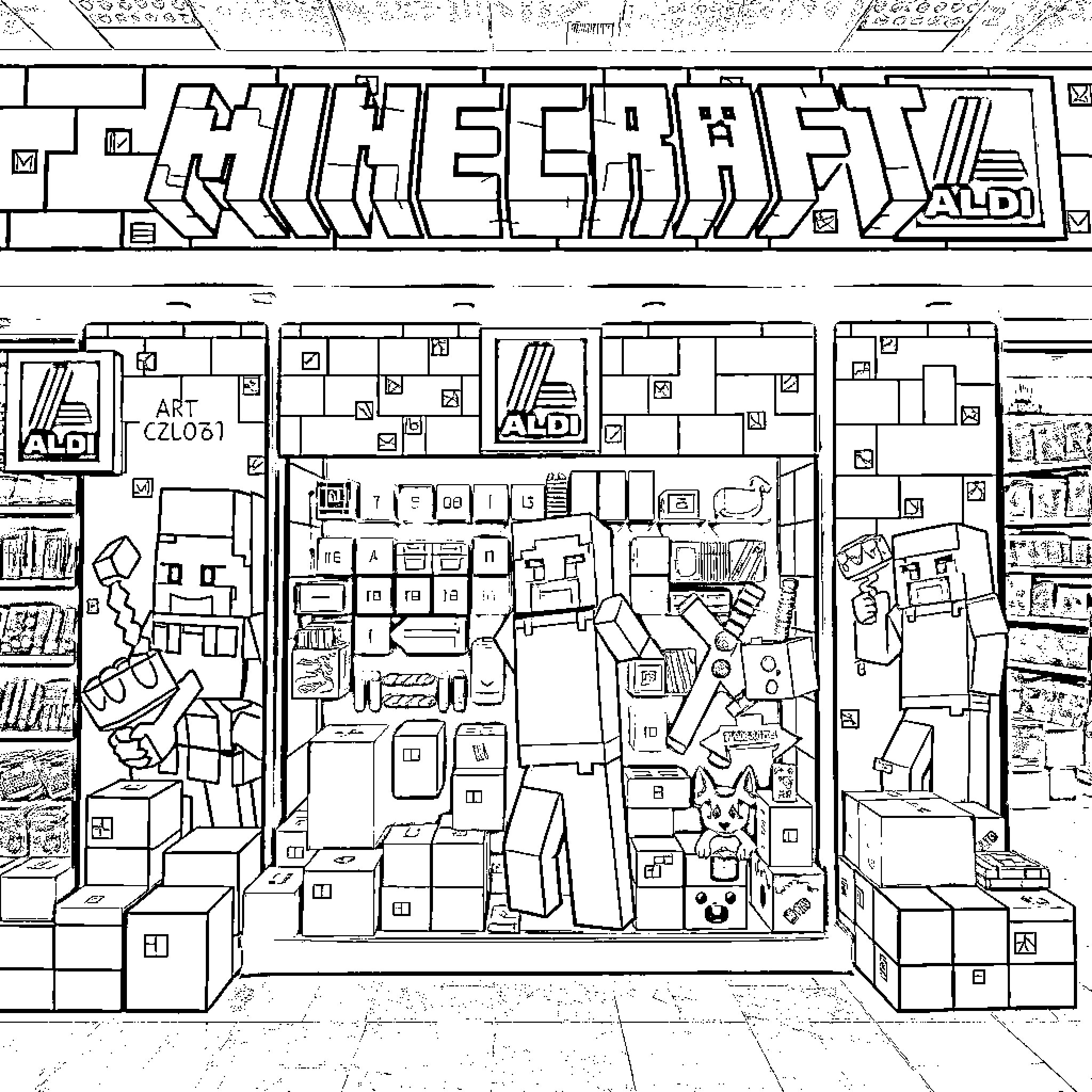 Minecraft characters in a bustling retail store Coloring Page (free black-and-white line drawing printable PDF for all, from beginners to advanced learners, including children, teens, adults, and seniors)