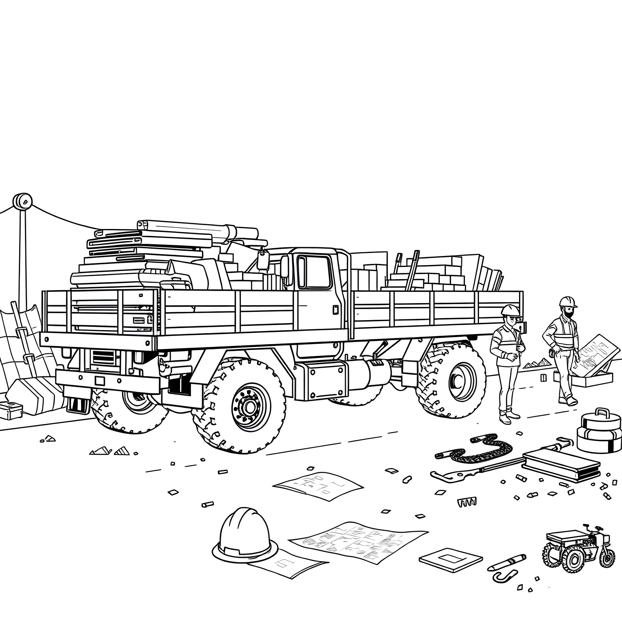 Flat Bed Truck carrying construction supplies and materials Coloring Page (free black-and-white line drawing printable PDF for all, from beginners to advanced learners, including children, teens, adults, and seniors)