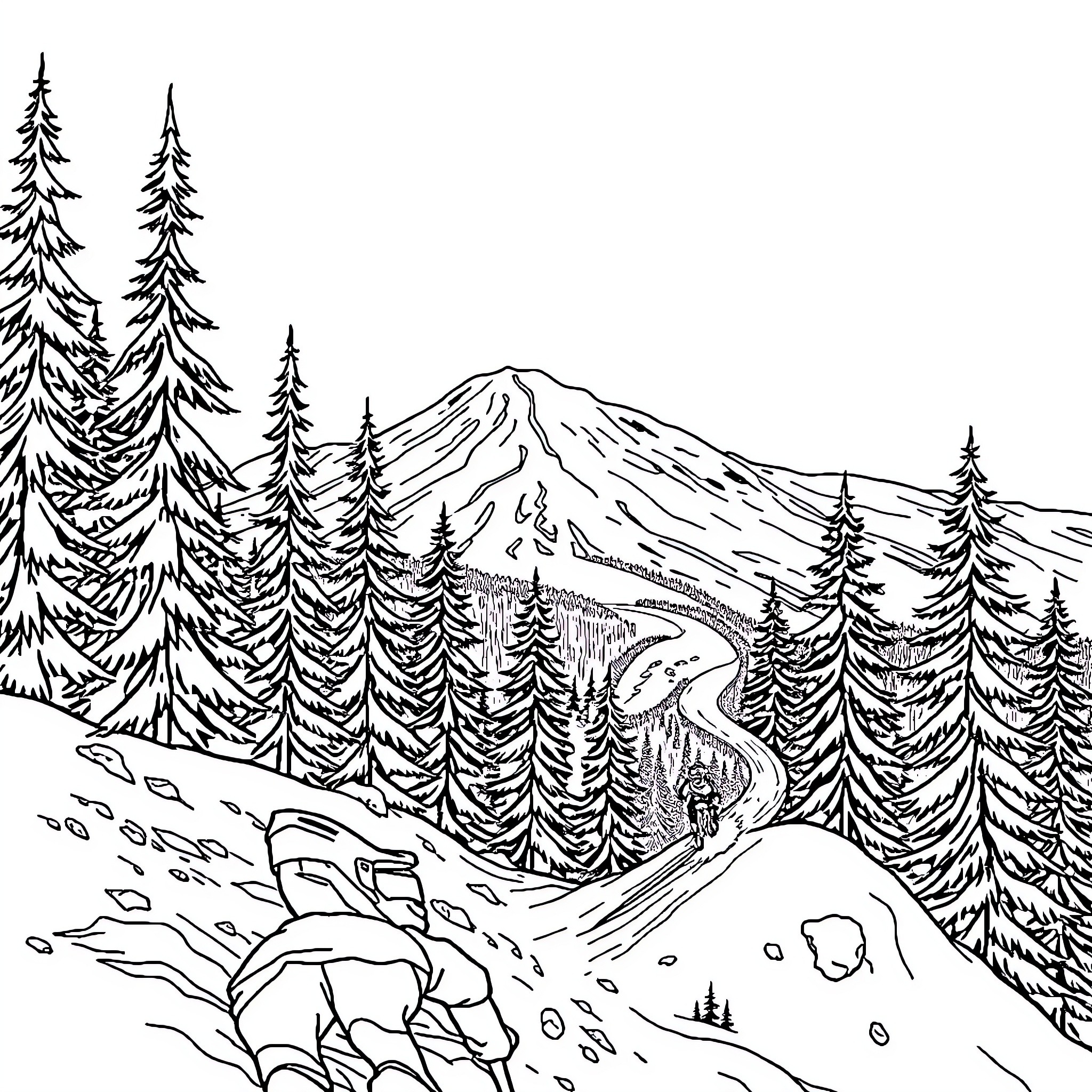 Mountain Biker riding through snowy mountain landscape Coloring Page (free black-and-white line drawing printable PDF for all, from beginners to advanced learners, including children, teens, adults, and seniors)