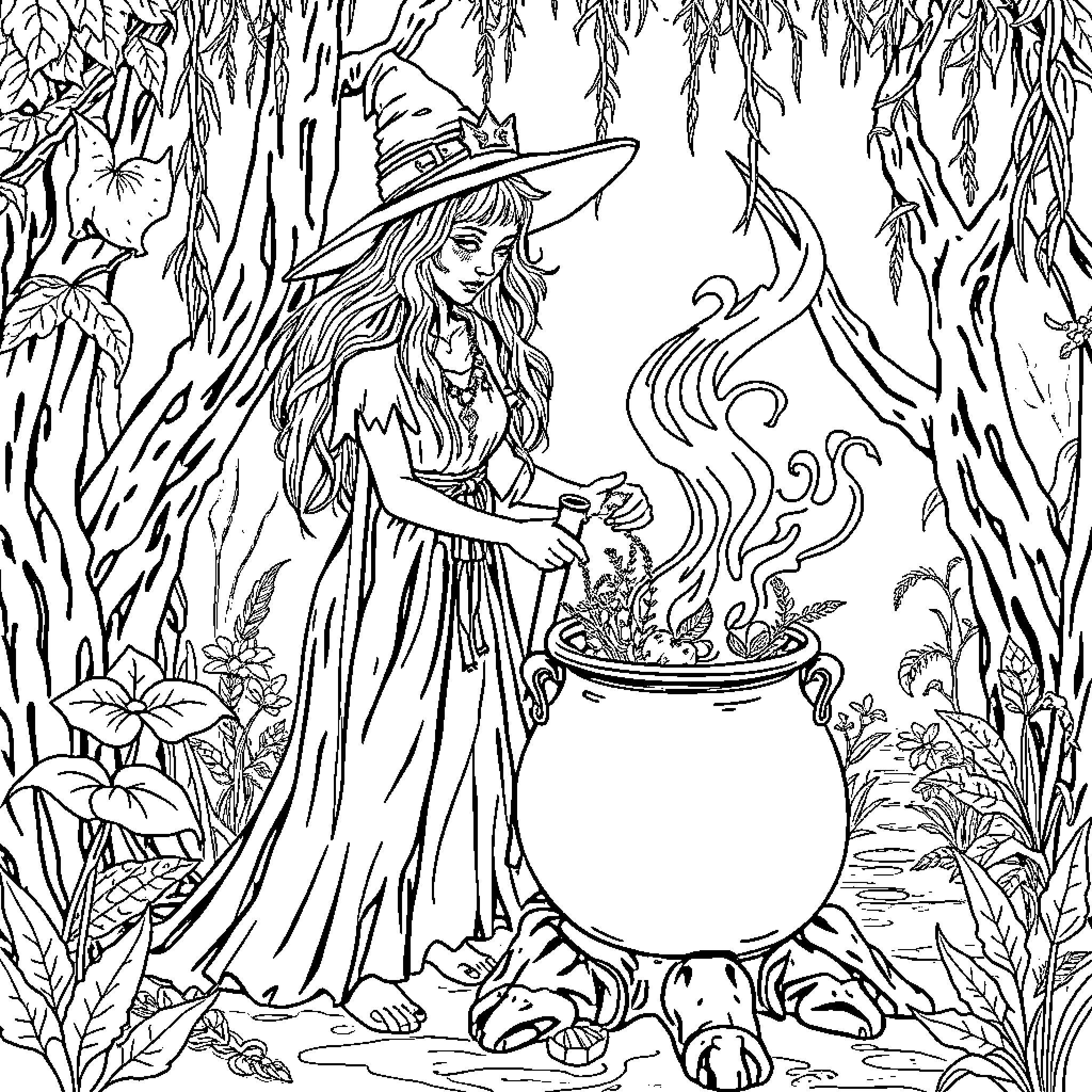 Witch casting a spell in the enchanted forest Coloring Page (free black-and-white line drawing printable PDF for all, from beginners to advanced learners, including children, teens, adults, and seniors)