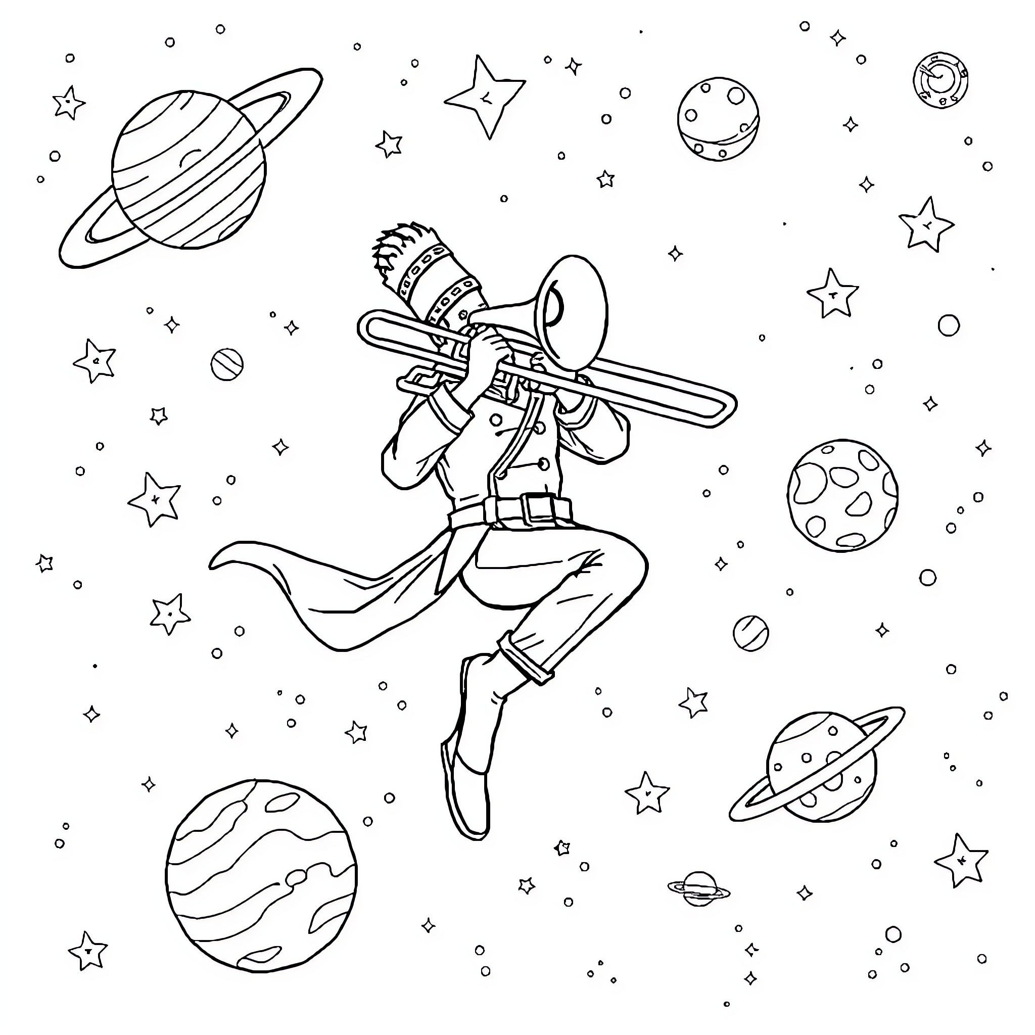 Trombonist Performing in Space Amidst Celestial Wonders Coloring Page (free black-and-white line drawing printable PDF for all, from beginners to advanced learners, including children, teens, adults, and seniors)