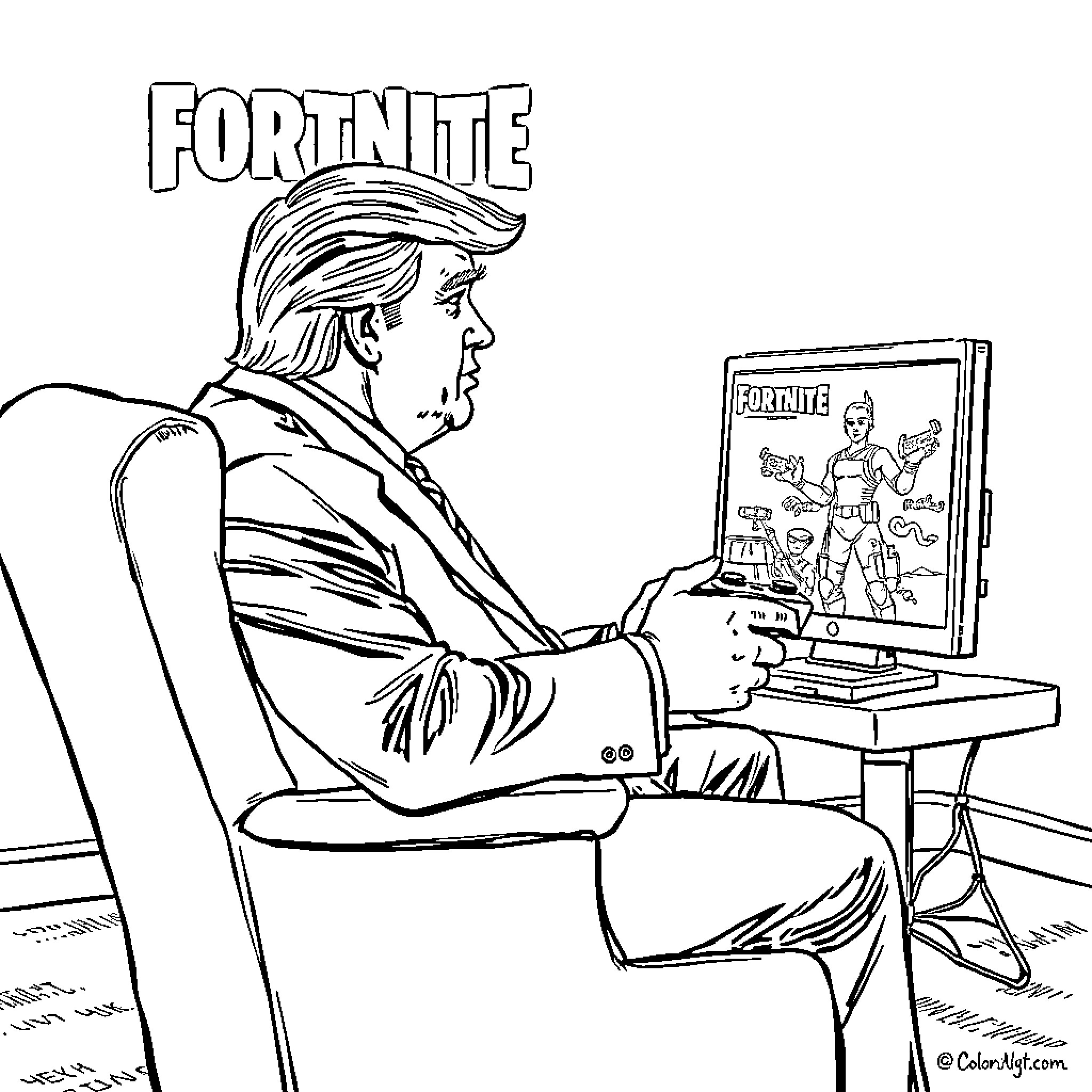 Trump playing Fortnite video game on computer Coloring Page (free black-and-white line drawing printable PDF for all, from beginners to advanced learners, including children, teens, adults, and seniors)